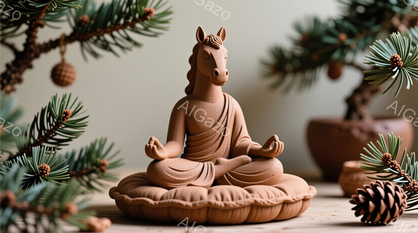 陶器製の馬の頭部を持つ仏像が、蓮の花を模した座布団の上に座禅を組んでいます。背景には、松の葉や松ぼっくりが配置され、全体的に落ち着いた、瞑想的な雰囲気が漂っています。淡い色調と自然の要素が組み合わさり、静謐で穏やかな印象を与えます。