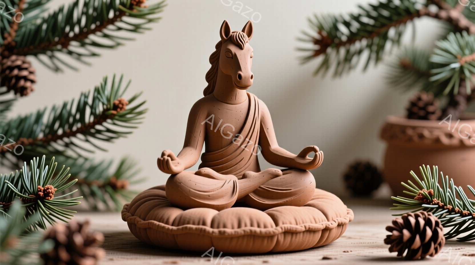 土製の仏像が、瞑想の姿勢で座っています。ローブのような衣服を身につけ、目は閉じて穏やかな表情をしています。背景には、松の葉と松ぼっくりがあり、全体的に静かで落ち着いた雰囲気です。