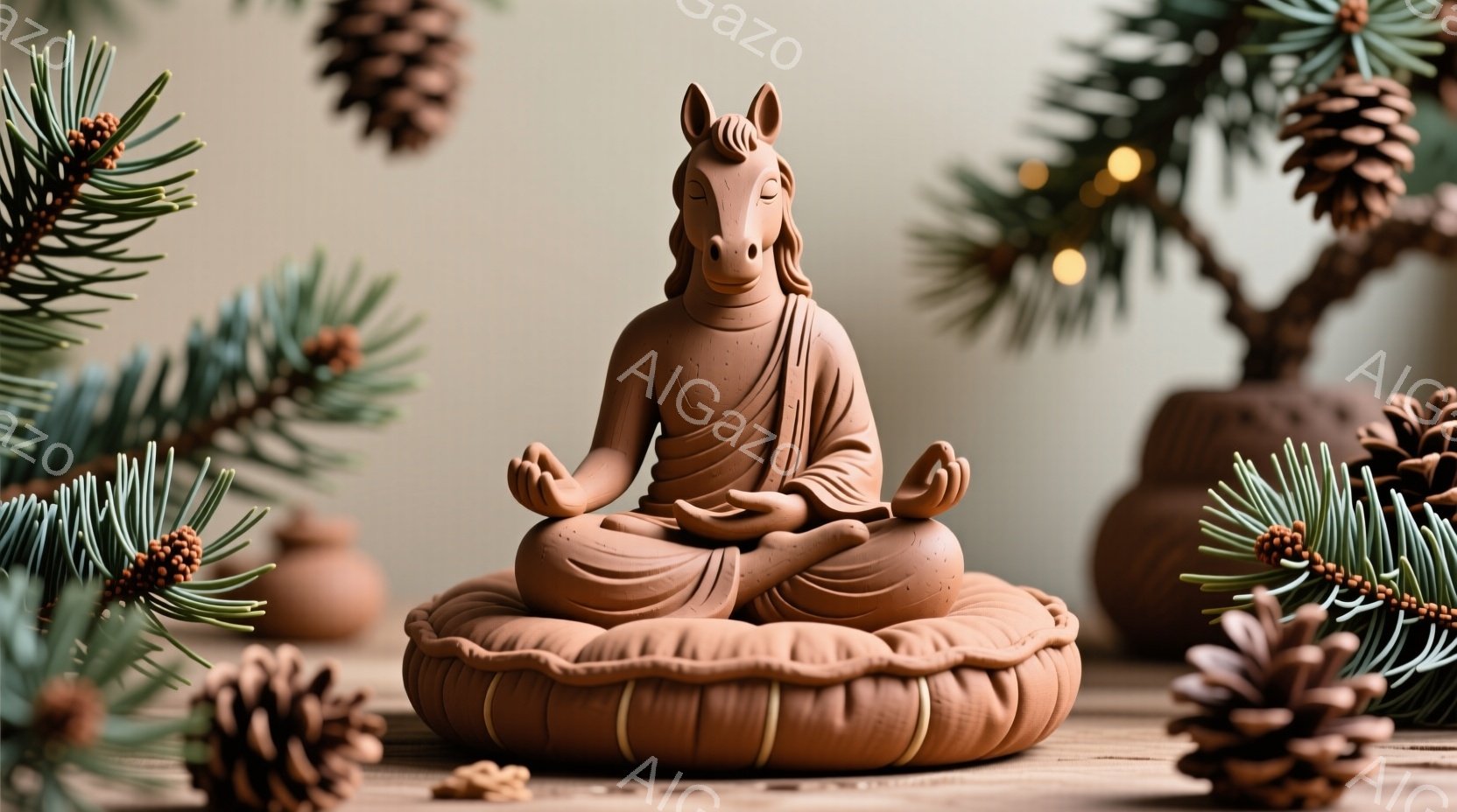 陶製の仏像が、瞑想のポーズで座っています。頭部は馬のそれであり、ローブを身につけ、穏やかな表情を浮かべています。背景には松ぼっくりや葉っぱ、そしてぼんやりとした木が見え、全体的に静謐で穏やかな雰囲気を醸し出しています。