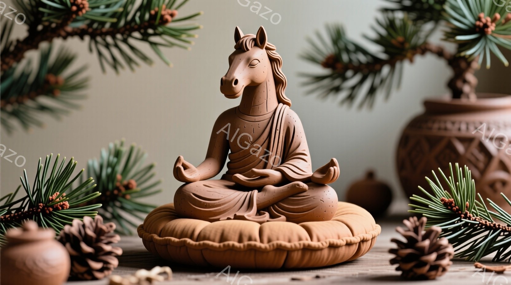 土製の仏像が、円いクッションの上に座禅を組んでいます。仏像は人の体ですが、頭部は馬の形をしており、穏やかな表情をしています。背景には、針葉樹の枝や松ぼっくりが配置され、素朴で静謐な雰囲気を醸し出しています。