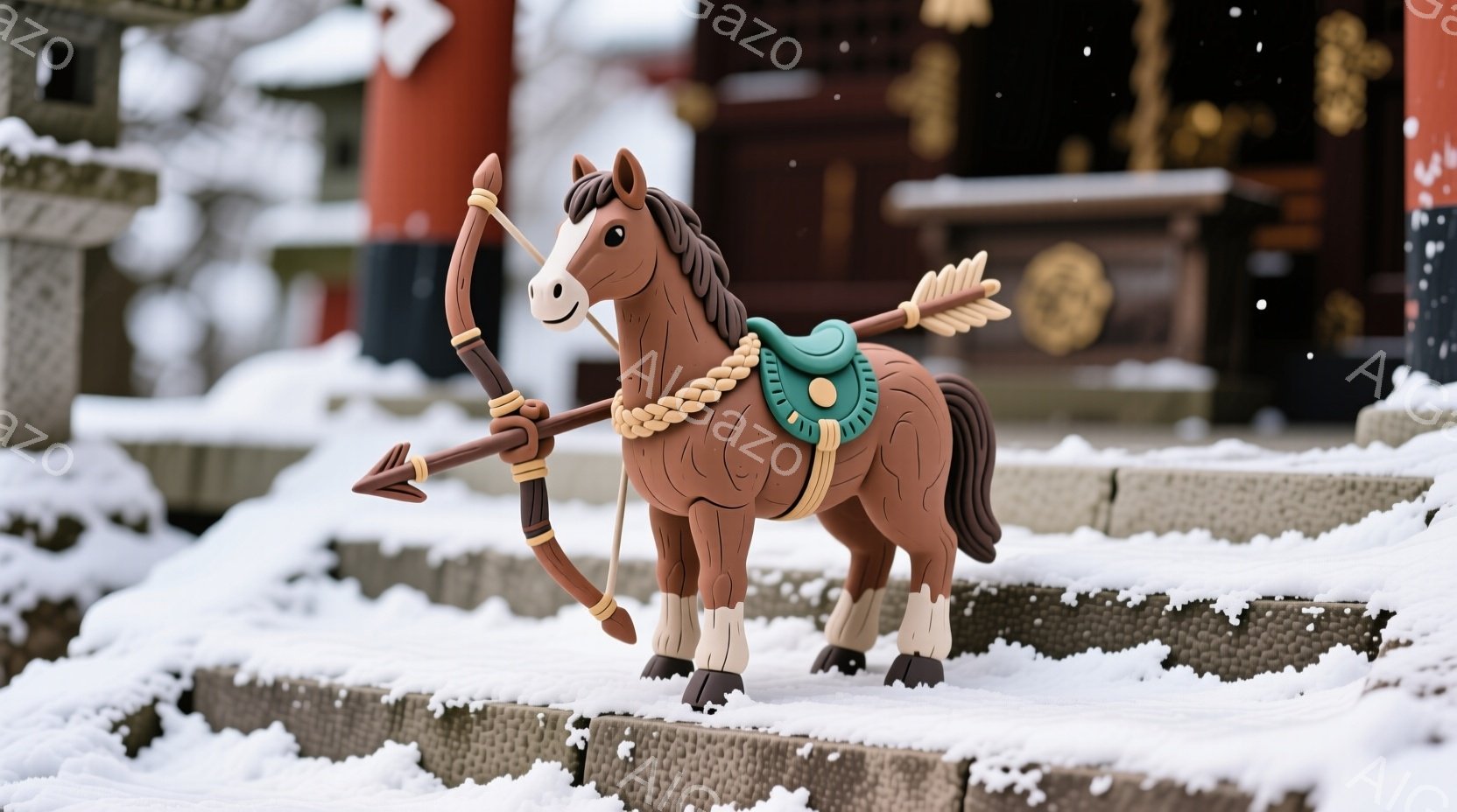 茶色の小さな馬が、階段の上に立っている。背中には弓と矢が載っており、鞍が背中に乗せられている。背景には雪が積もった石段と、赤い寺院の一部が見え、冬の静かな風景を描いている。
