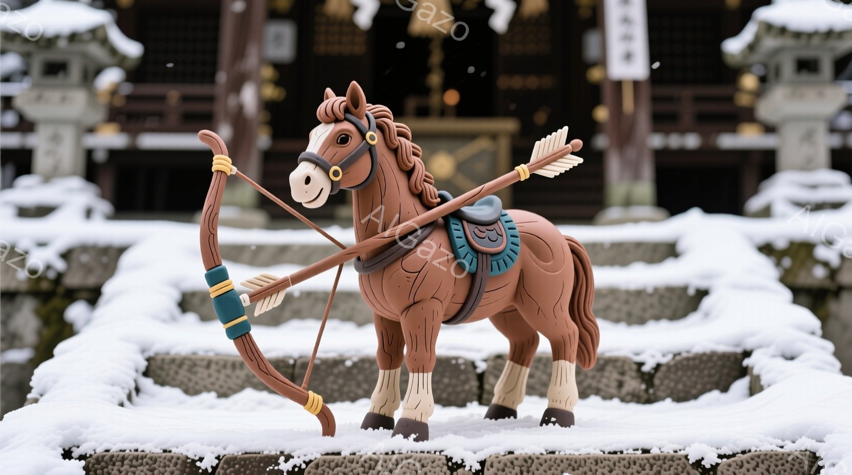 可愛らしい木製の馬のおもちゃと、干支の卯をモチーフにした絵馬が写っています。馬は明るいオレンジ色で、青と黄色で装飾された鞍を背負っており、穏やかな表情を浮かべています。背景には畳の模様が見え、暖かく、伝統的な日本の雰囲気を醸し出しています。