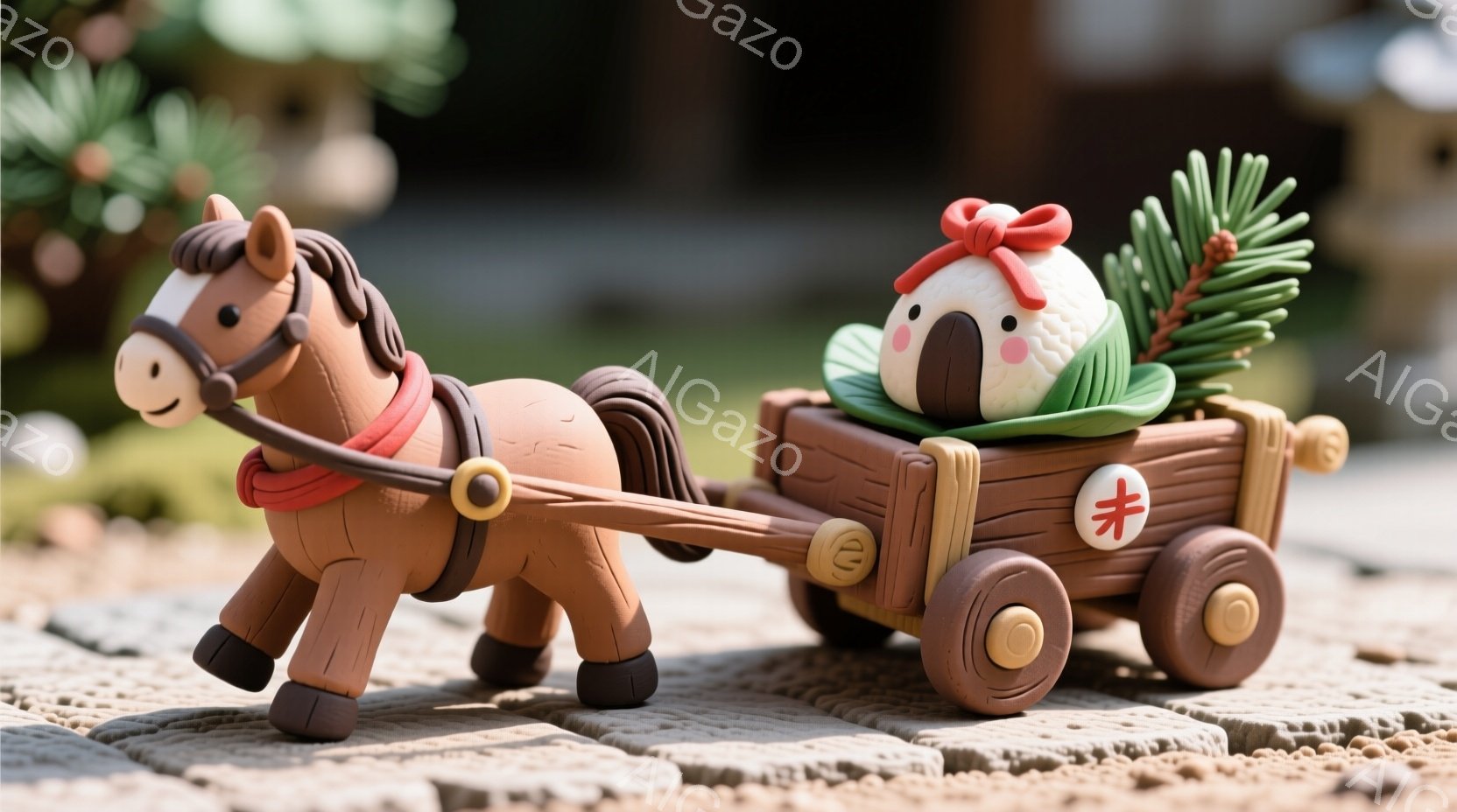 陶器のような質感の茶色の馬が、木製の荷車を引いています。荷車には白くて丸いお団子のようなものが乗っており、緑色の植物で飾られています。背景はレンガの道で、ぼやけた緑が背景に見え、温かく優しい雰囲気を醸し出しています。