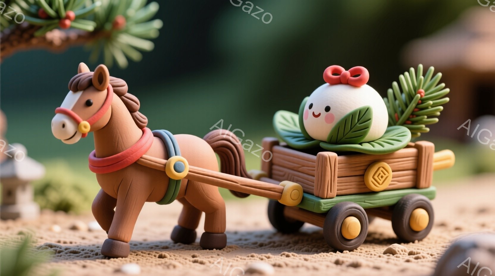 粘土のような質感の茶色の馬が、木製の荷車を引いています。荷車には、葉っぱを抱えた白い丸いキャラクターが乗っており、頭には赤いリボンをつけています。背景には自然の風景が広がり、土っぽい地面や植物が見え、全体的に温かく可愛らしい雰囲気です。