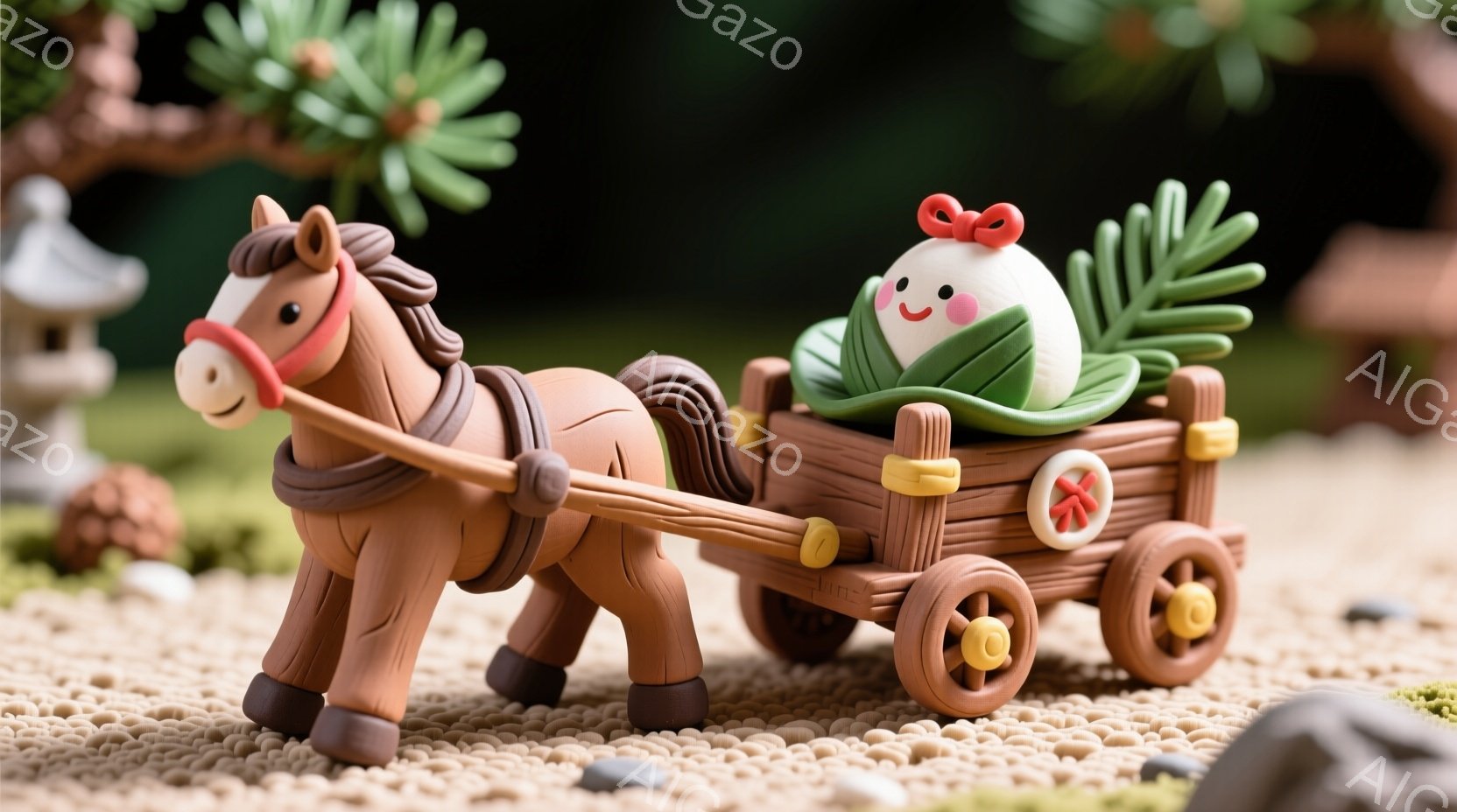 土製の馬が小さなカートを引いており、カートには緑の葉の上に座った、赤いほっぺと笑顔の白い顔を持つキャラクターが乗っています。背景には、小石が敷かれた地面、小さな松ぼっくり、そして緑豊かな松の木が見え、日本の庭園のような静かで平和な雰囲気を作り出しています。全体的に、手作り感のある温かく愛らしいシーンです。