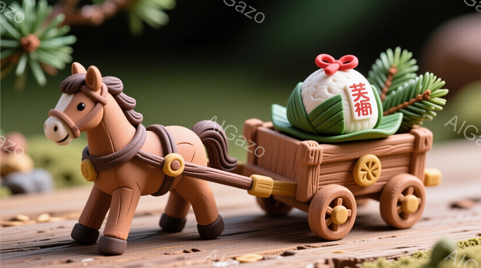 粘土で作られた馬が、荷車を引いています。荷車にはお餅が乗っており、松葉で飾られています。背景は木製の板で、苔や落ち葉が見え、全体的に温かく、素朴な雰囲気です。