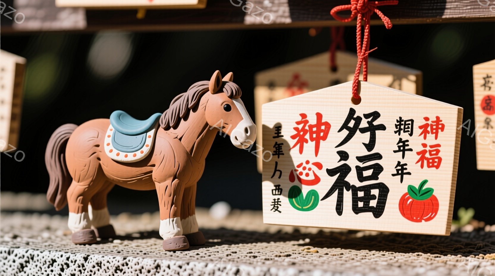 土製の小さな馬の置物が写っています。馬は茶色と白のまだら模様で、鞍を背に乗せており、優しい表情をしています。背景には、赤い紐で結ばれた木製の板があり、「新年福」という文字が書かれており、お祭りや新年を祝う雰囲気が漂っています。