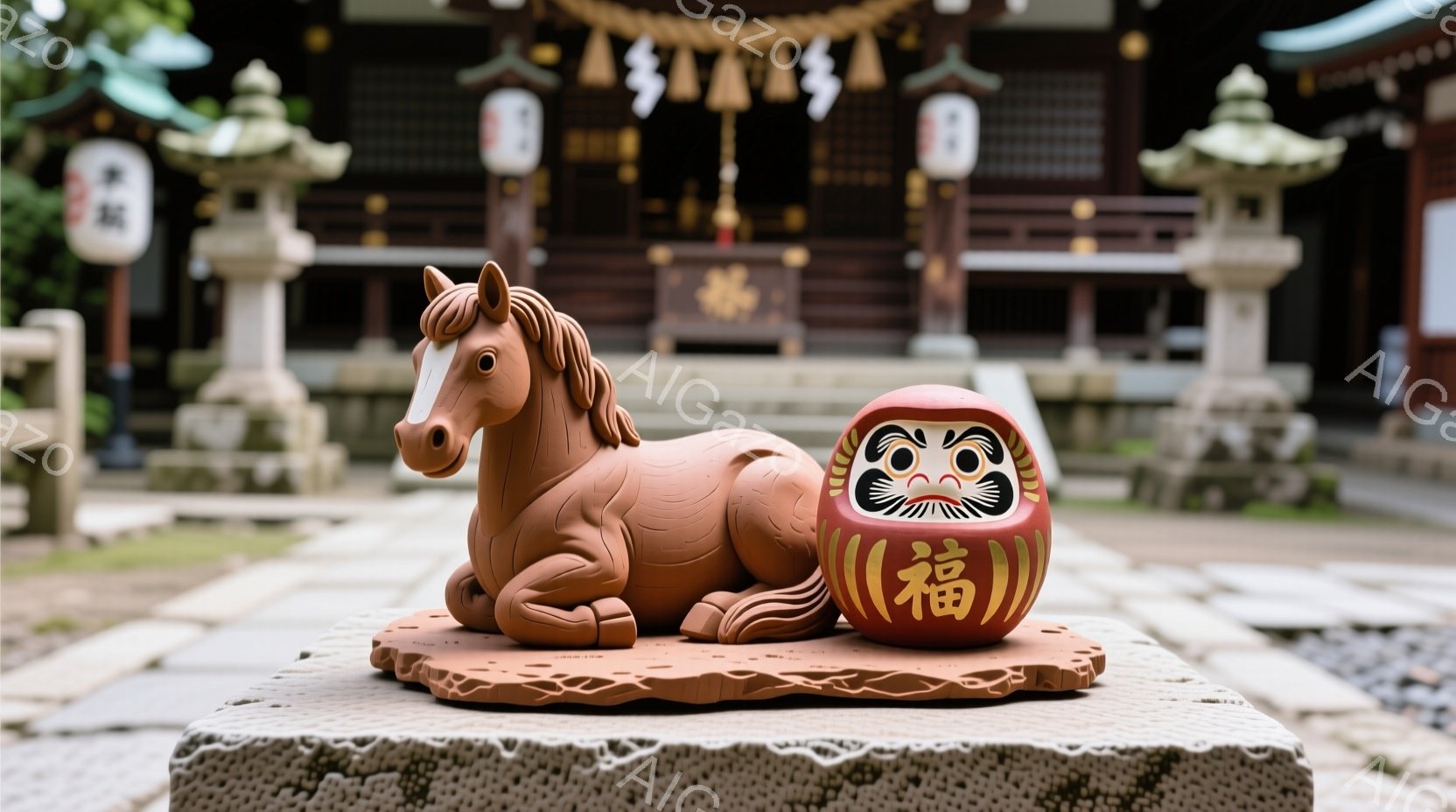 茶色い馬の置物が、石の台座の上に横たわっている。その馬の背中には「福」と書かれた赤いだるまが乗っており、微笑んでいるように見える。背景には、伝統的な日本の寺院建築が見え、緑豊かな自然と曇り空が穏やかな雰囲気を醸し出している。