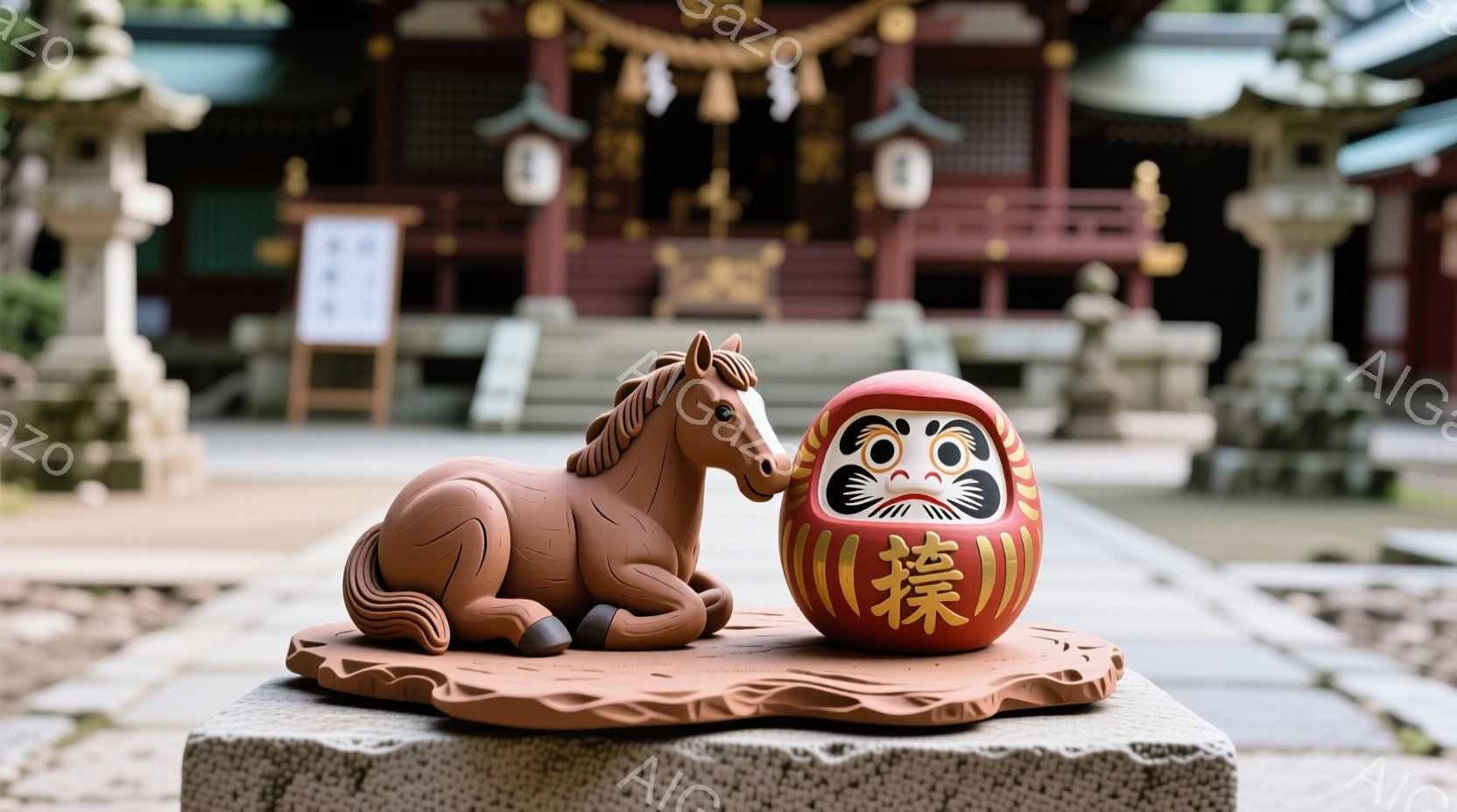 灰色の石の台座の上に、茶色の馬の置物と赤いダルマの人形が並んでいる。背景には、伝統的な様式の寺院建築がぼやけており、静かで神聖な雰囲気を醸し出している。穏やかな日差しが全体を照らし、落ち着いた色彩が調和した、日本の伝統を感じさせる一枚である。