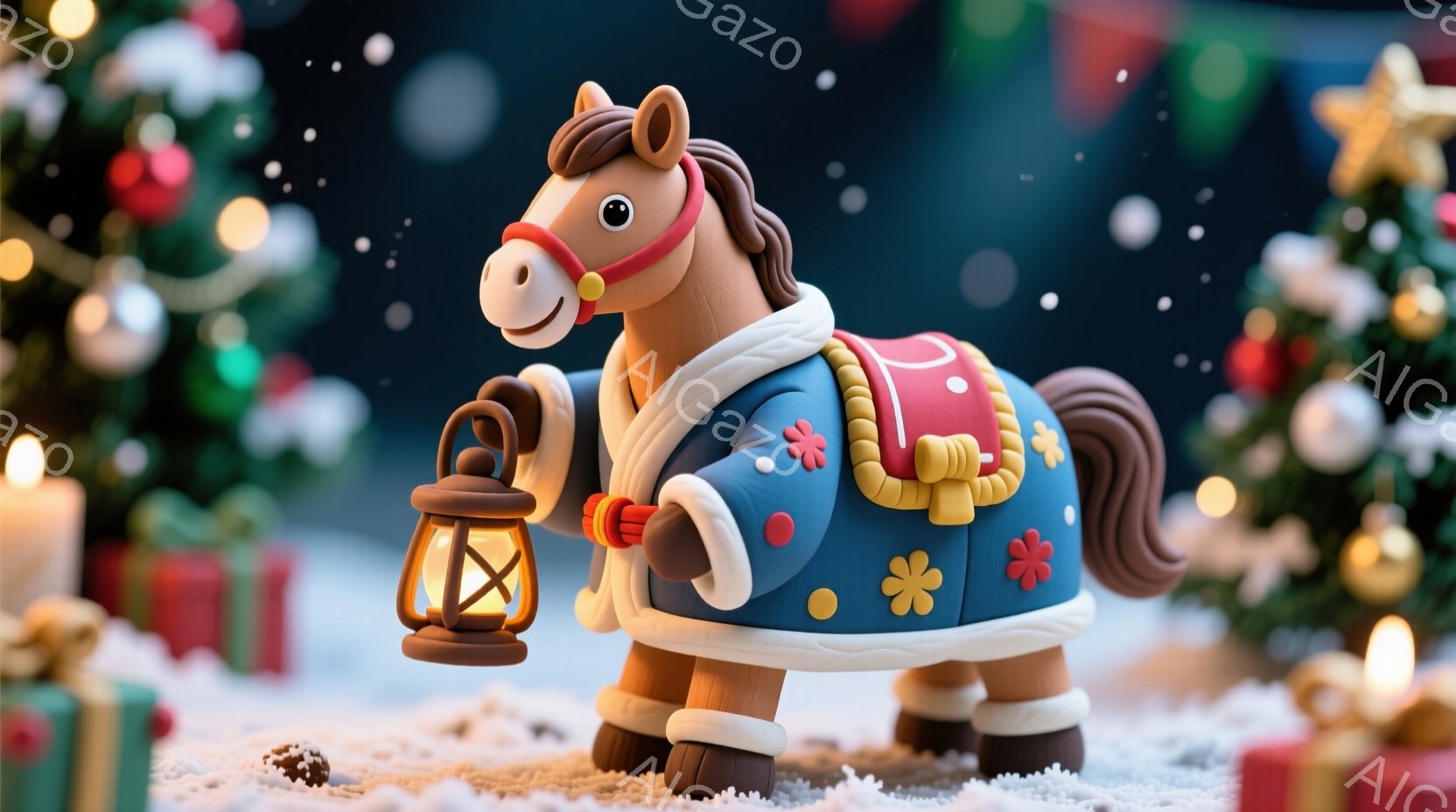 クリスマスの背景に置かれた、愛らしい馬の置物が描かれています。馬は青いコートに赤い装飾が施され、首輪をつけ、片手にランタンを持っています。背景にはクリスマスツリーやプレゼント、雪が舞っており、温かく幻 - AI生成フリー素材