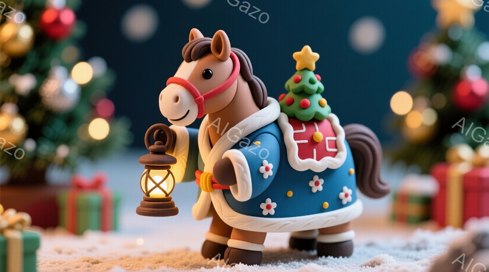 クリスマスの飾り付けがされた馬のフィギュアを表しています。馬は青いコートに白い縁取りがあり、背中には小さなクリスマスツリーが載っています。背景にはプレゼントの箱やクリスマスツリーが散りばめられ、雪景色 - AI生成フリー素材