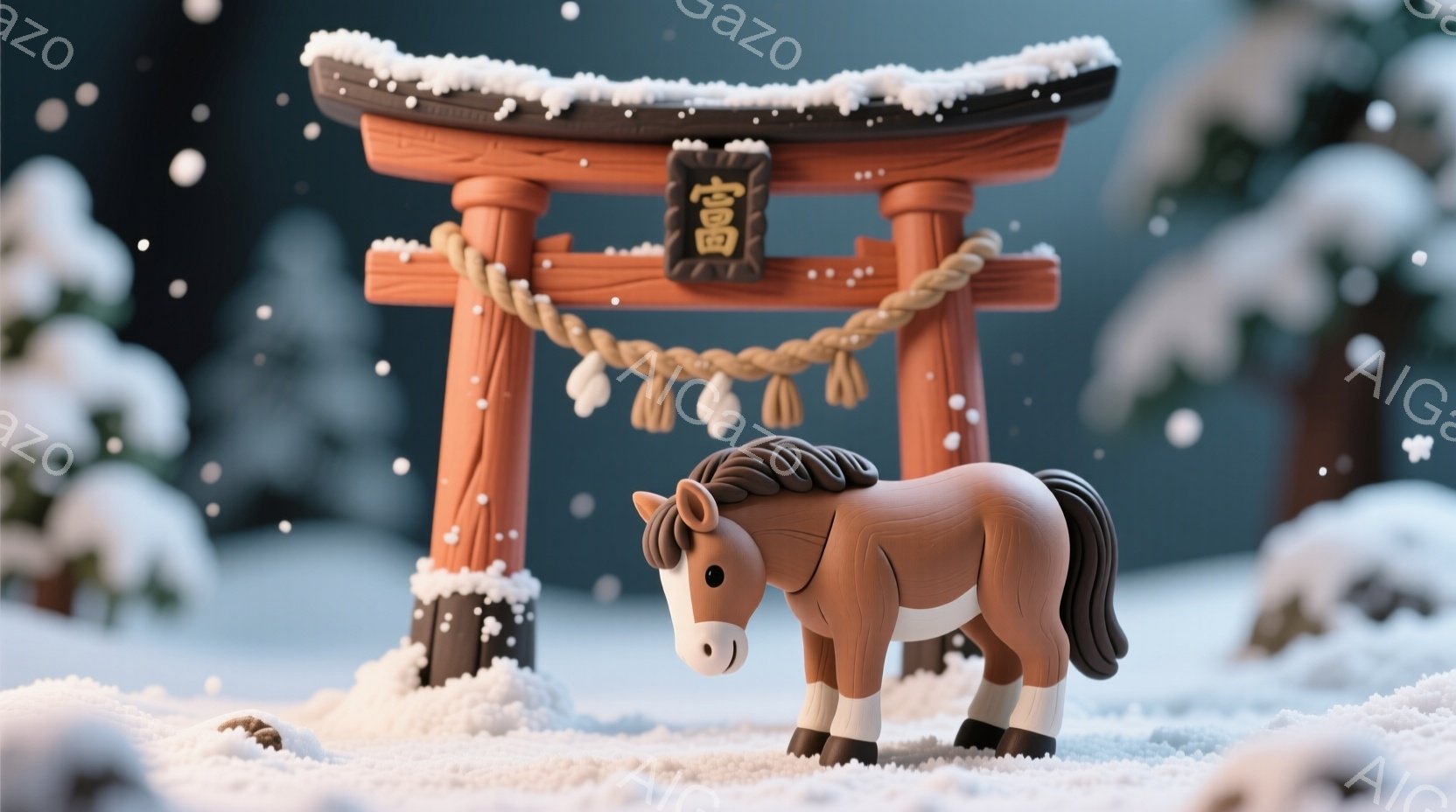 雪が降る冬の風景の中に、かわいらしい茶色の馬が立っています。馬の周りには雪が積もり、背景には雪化粧した木々と鳥居が見えます。全体的に温かく、穏やかな雰囲気で、まるで絵本の中のシーンのようです。 - AI生成フリー素材