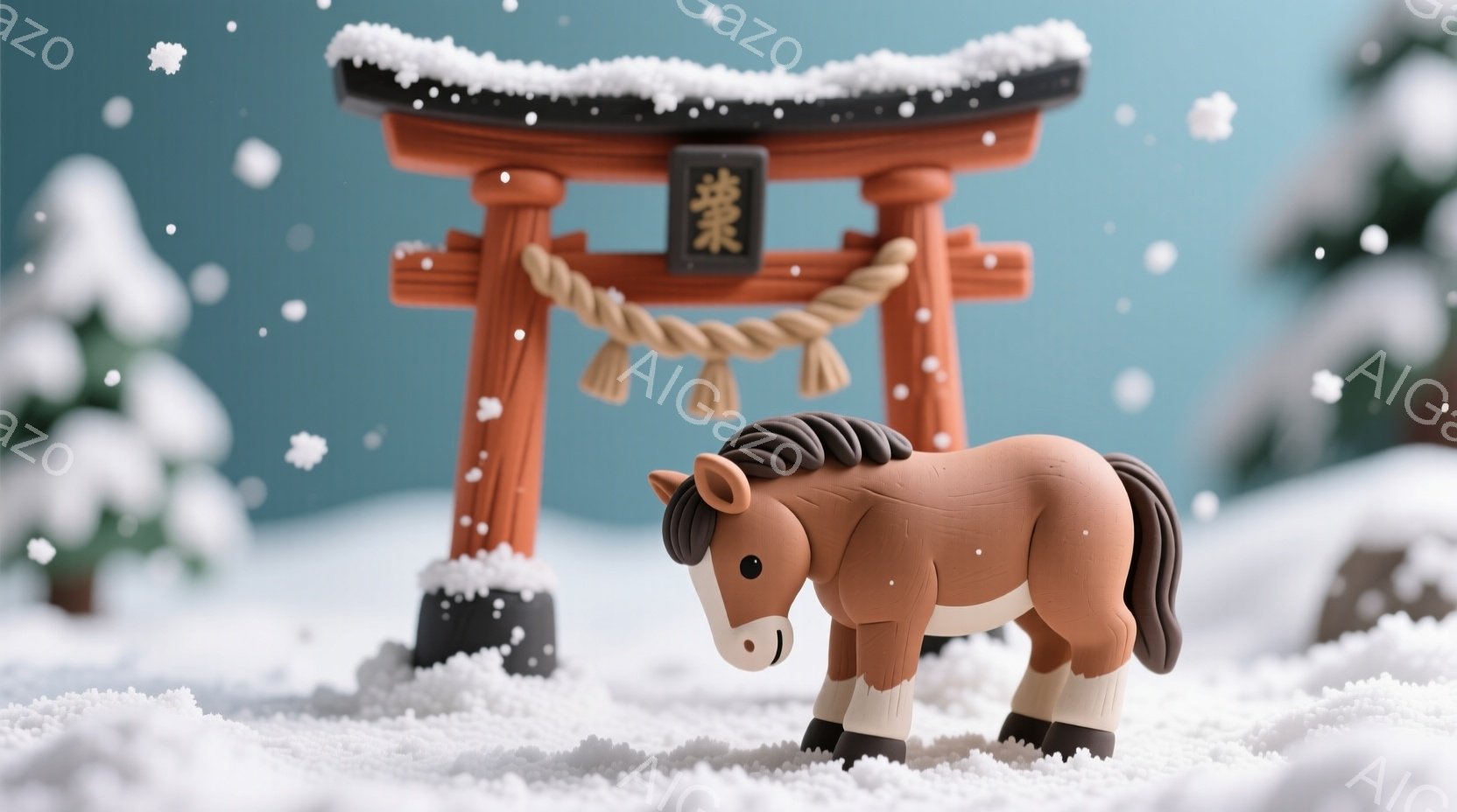 雪景色の中に、可愛らしい茶色の馬の置物が立っている。背景には雪を被った針葉樹と、簡素な赤い鳥居が見え、冬の静寂と温かさを感じさせる。雪は降り積もり、幻想的で優しい雰囲気を醸し出している。 - AI生成フリー素材