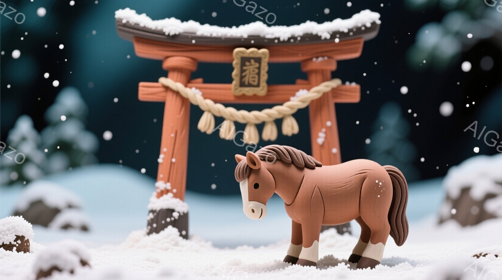 陶器のような茶色の馬が雪景色の中で、鳥居の前に立っている。鳥居には「御利益」と書かれた札が飾られ、周囲には雪を被った木々が点在し、冬の静寂な雰囲気を醸し出している。雪が舞い散る中で、馬は穏やかな表情で - AI生成フリー素材