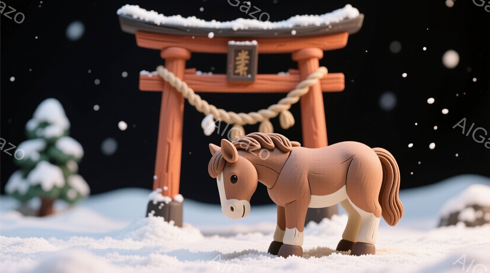 茶色い馬が雪景色の中に立っている。背景には、雪を頂いた赤い鳥居と、雪をまとった緑の木がある。全体的に穏やかで、冬の静けさを感じさせる雰囲気である。 - AI生成フリー素材