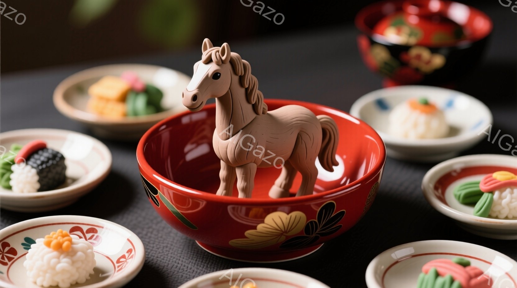 鮮やかな赤色の器の中に、土色の馬の置物が立っている。器の周囲には、小さなお皿が並べられ、それぞれに色とりどりの和菓子が乗せられている。全体的に落ち着いた色調で、日本の伝統的な美意識を感じさせる静謐な雰囲気である。