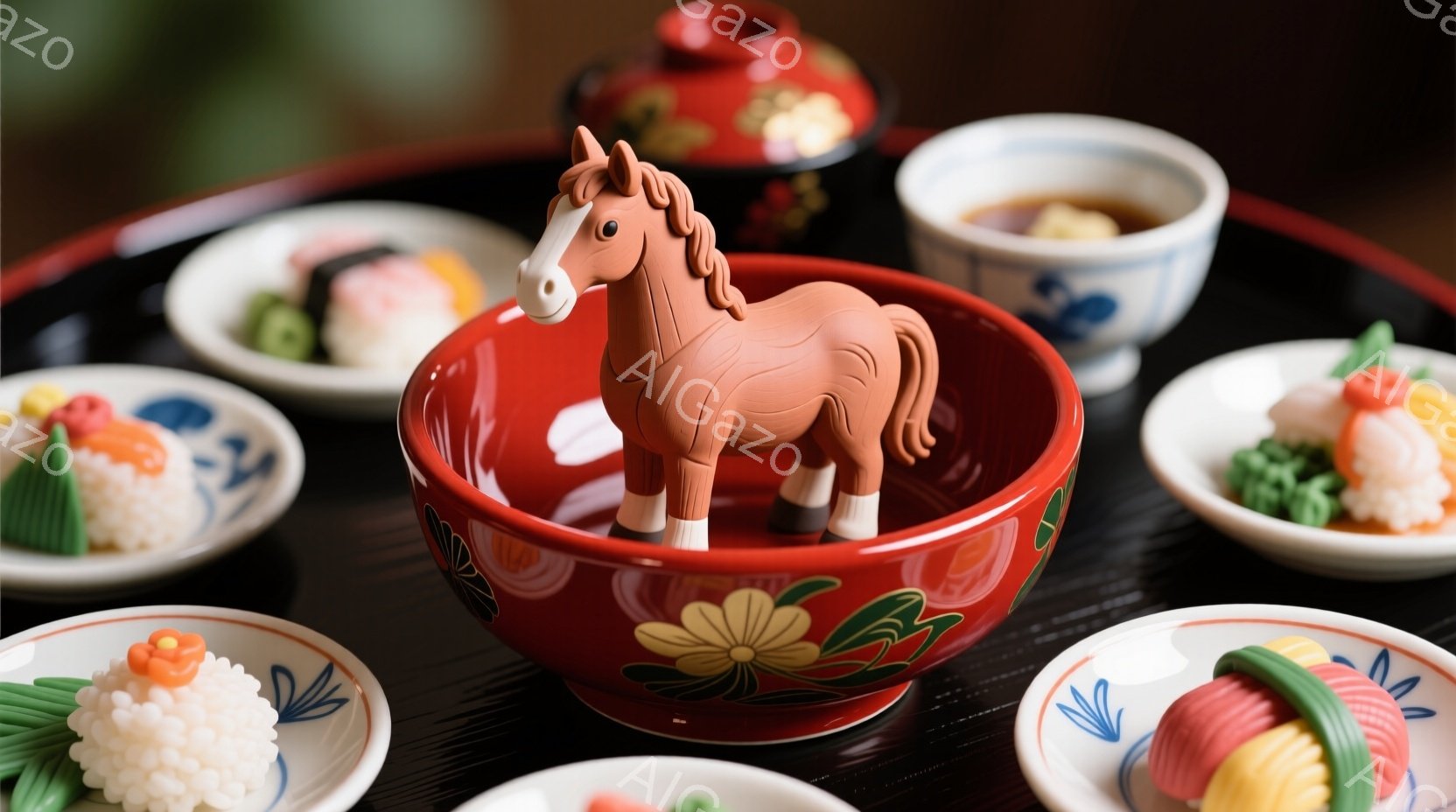 鮮やかな赤色の皿に、可愛らしい茶色の馬の置物が飾られています。皿の周りには、白地に青い模様が描かれた小皿が並べられ、それぞれに彩り豊かな稲荷寿司が乗せられています。全体的に、お祭りや特別な日の食事が連 - AI生成フリー素材
