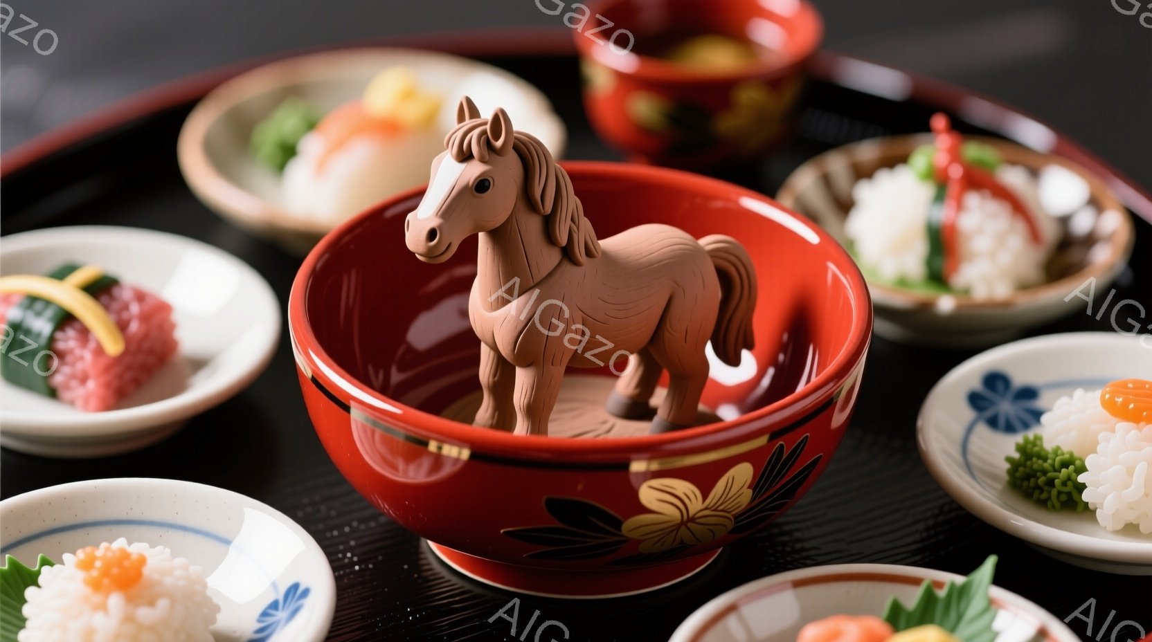 深紅色の器に、小さな馬の置物が可愛らしく佇んでいます。器の周りには、様々な種類の小さなお料理が並べられ、全体的に落ち着いた、上品な雰囲気を醸し出しています。黒い背景が料理の色を引き立て、洗練された印象 - AI生成フリー素材