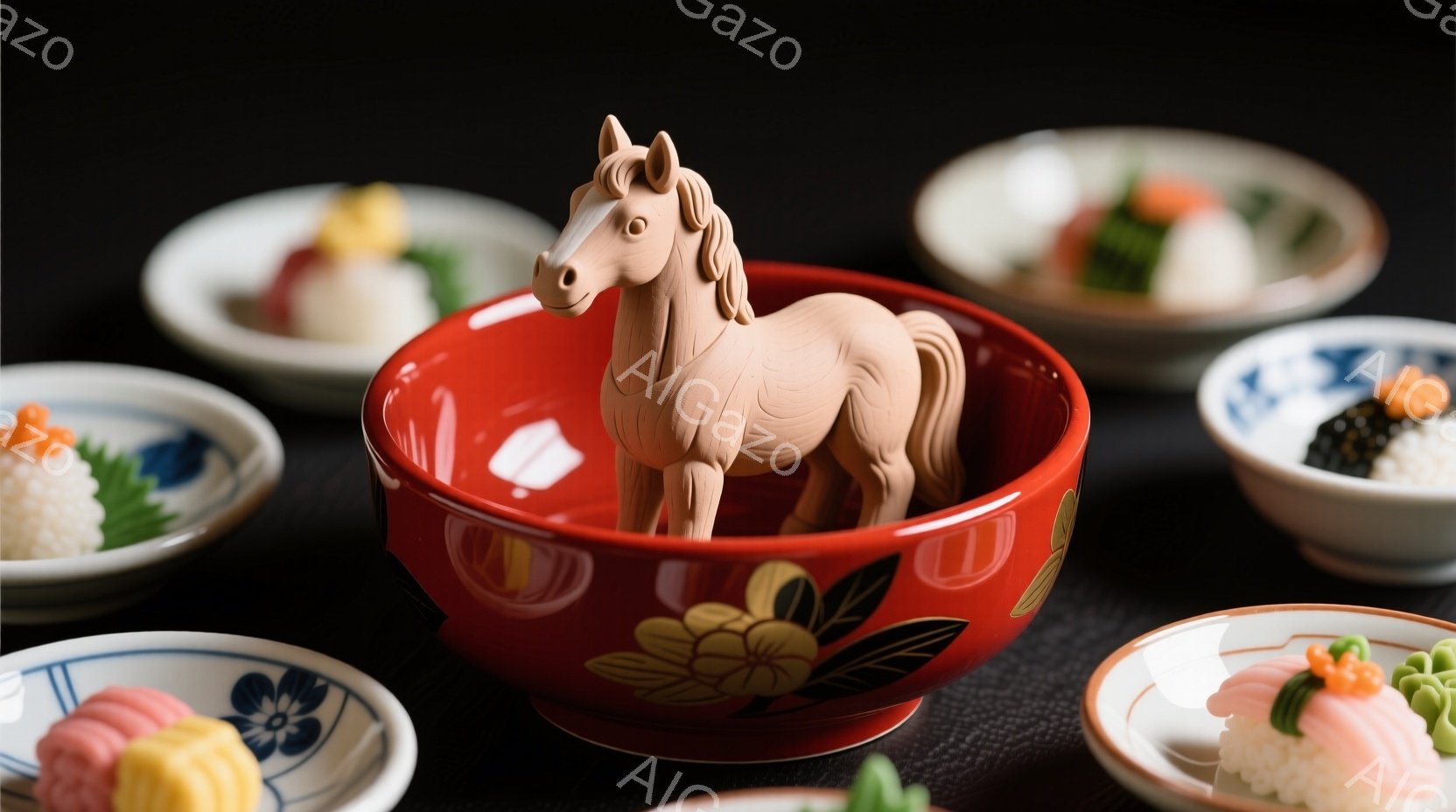 漆塗りの赤い器の中に、陶器で作られた茶色の馬の置物が置かれています。器の周りには、ピンクや緑の可愛らしい和菓子が盛り付けられた白いお皿が配置され、黒い背景が全体を引き締めています。全体的に、洗練された趣のある日本らしい情景が表現されています。