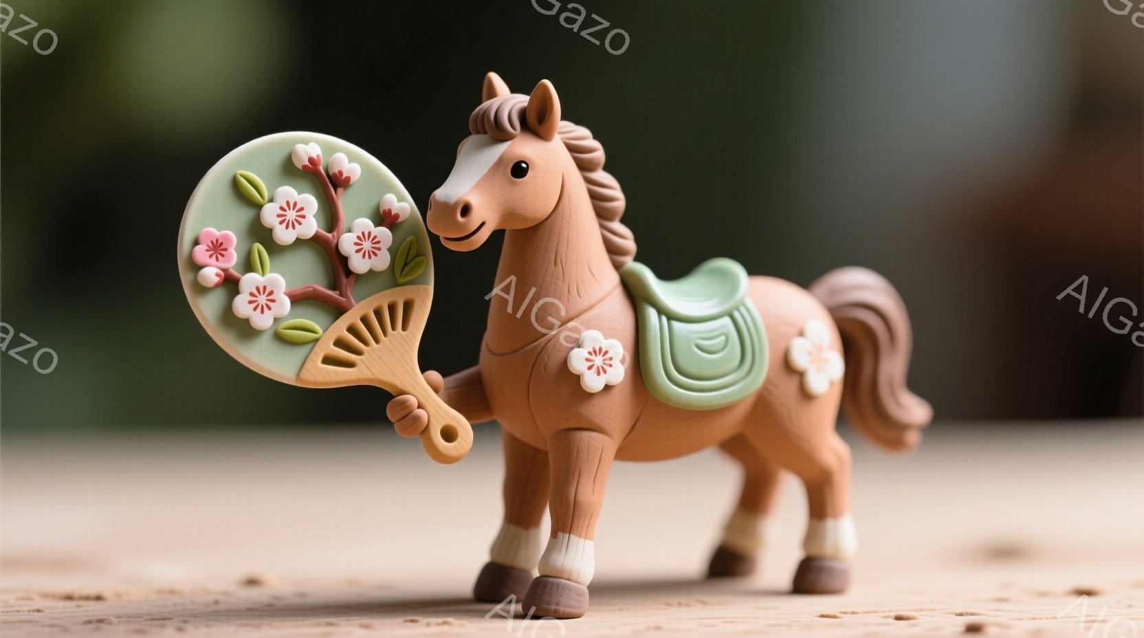 陶器のような質感の茶色の馬が、ピンクの花が咲いた扇子を持っている。馬には薄い茶色の鞍がつけられ、足元には白いソックスのような装飾が施されている。背景は木製のテーブルで、全体的に柔らかく温かい雰囲気である。