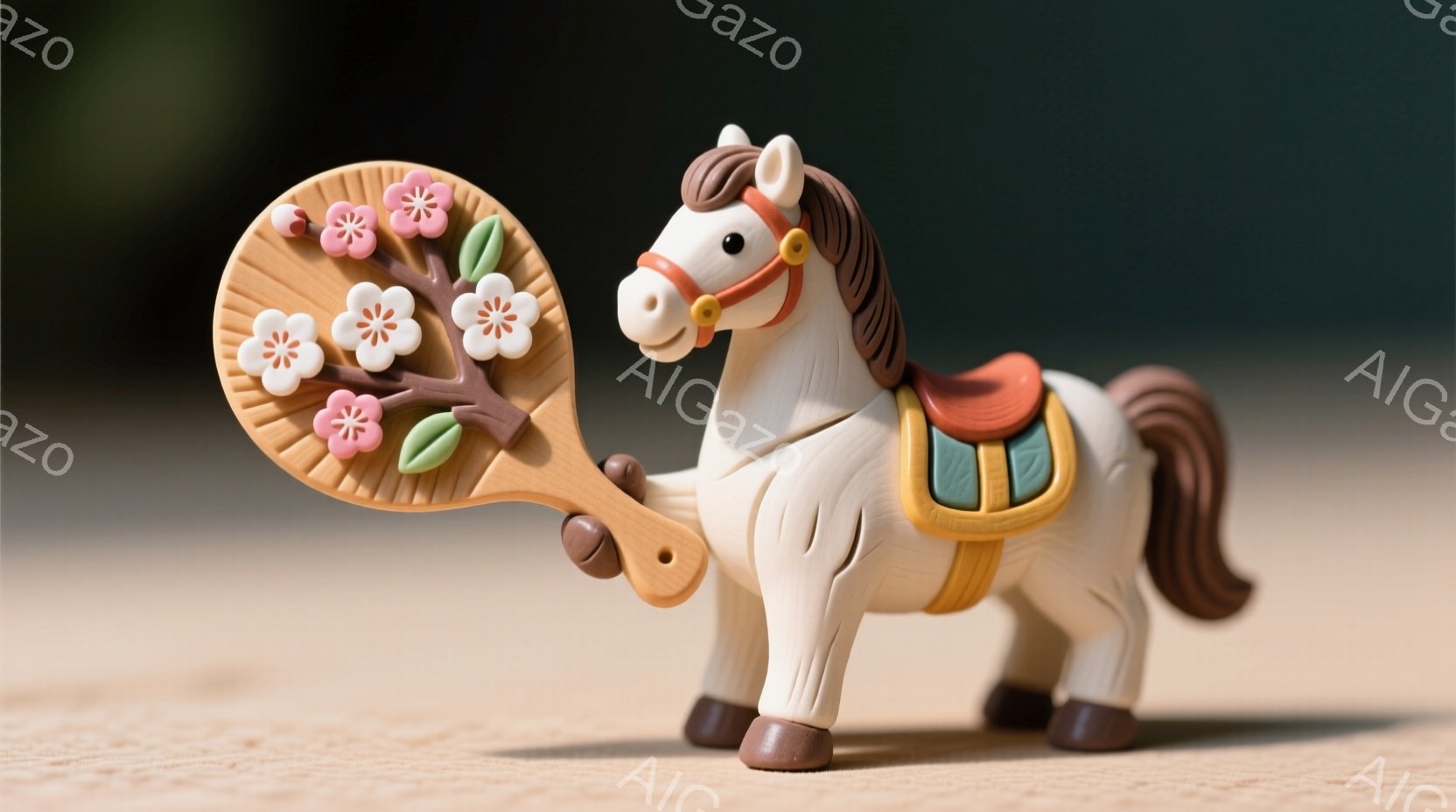白い馬のおもちゃが、背景のぼやけた木製の表面に立っている。茶色の鞍とたてがみ、そしてピンクの桜の花が描かれた扇子を持っている。全体的に柔らかい光が差し込み、温かく優しい雰囲気を醸し出している。 - AI生成フリー素材