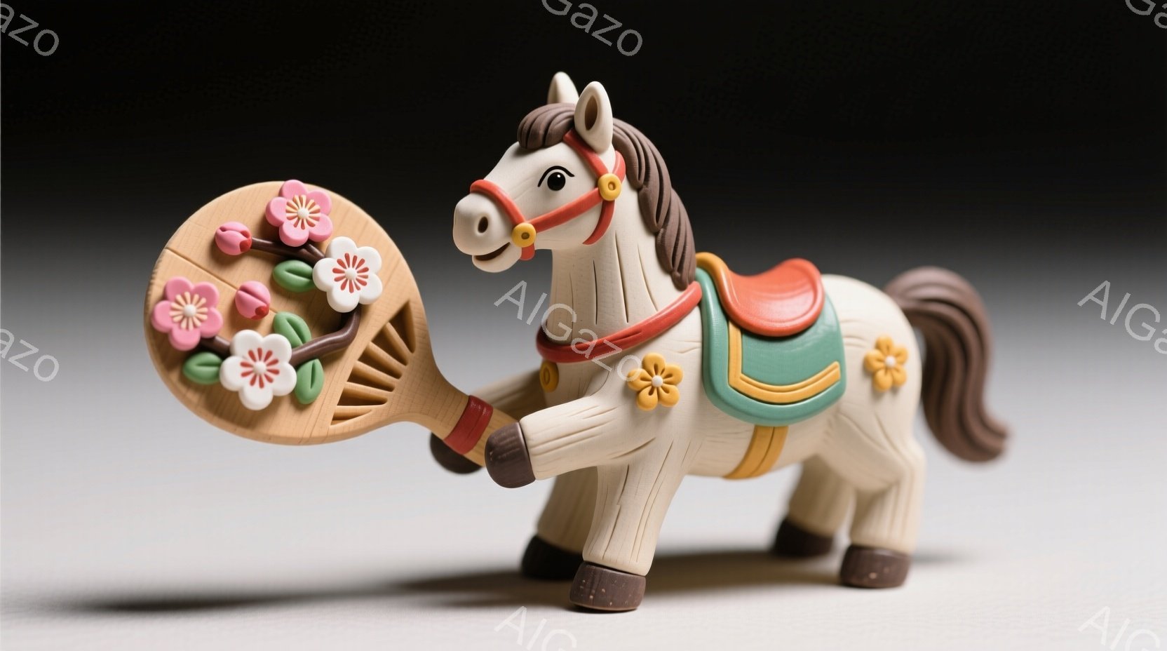 白い馬の置物で、赤い装飾が施された鞍と、ピンクの花が咲いた枝を持っています。穏やかな表情で、可愛らしいスタイルで彫刻されており、背景は白くシンプルで、馬が際立っています。全体的に温かく、優しい雰囲気の - AI生成フリー素材