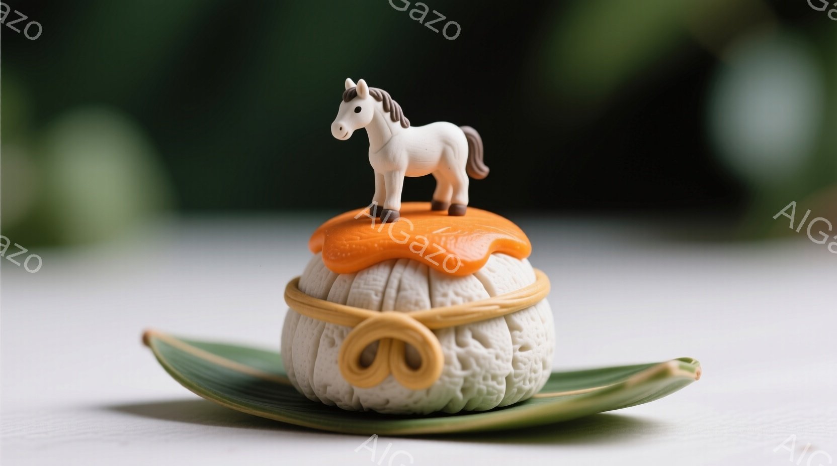 白い背景の上に、緑色の葉の上に置かれた、緑色の和菓子が写っています。和菓子の上にはオレンジ色の餡が乗せられ、その上に白い馬の置物が飾られています。全体的に落ち着いた色調で、日本の伝統的なお菓子と装飾が美しく調和した、静かで上品な雰囲気です。