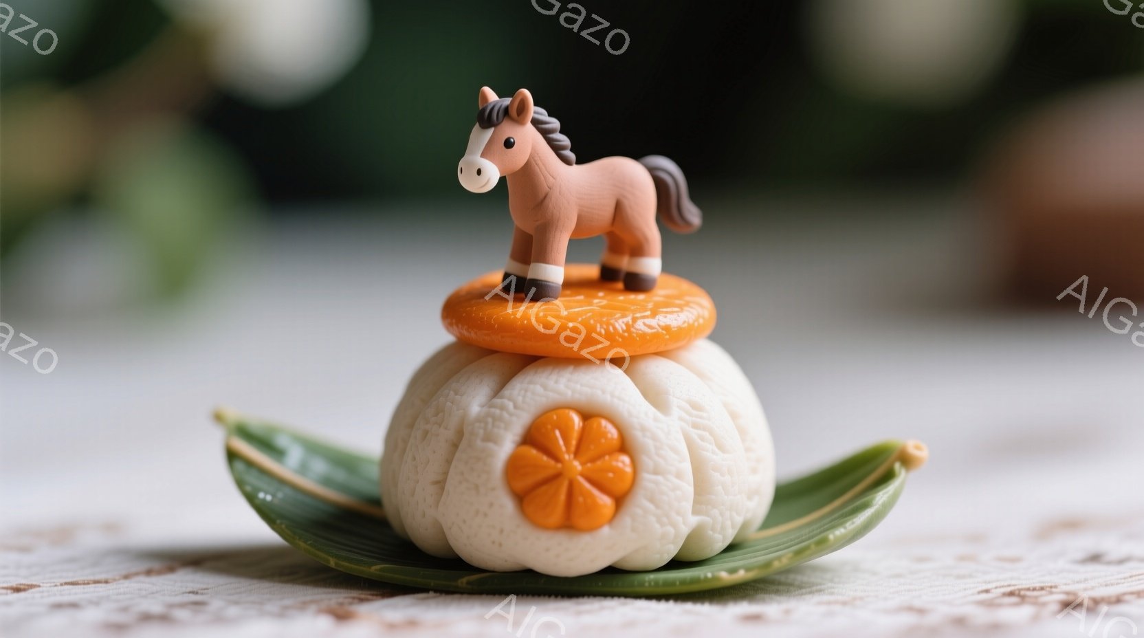 白い生地にオレンジ色の模様が施された、蒸しパンのようなものが竹の葉の上に置かれています。その上には、茶色の馬の置物が乗っており、オレンジ色の円い飾りも添えられています。背景はぼやけており、柔らかい光が - AI生成フリー素材