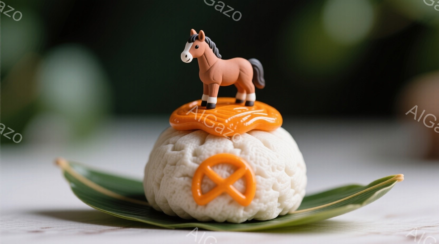 白い蒸しパンのような食べ物が、緑色の葉の上に置かれており、その上にオレンジ色のソースが塗られています。ソースの上には、小さな馬の置物が可愛らしく飾られています。全体的に柔らかい光が当たり、温かみのある雰囲気で、まるでミニチュアの風景のようです。