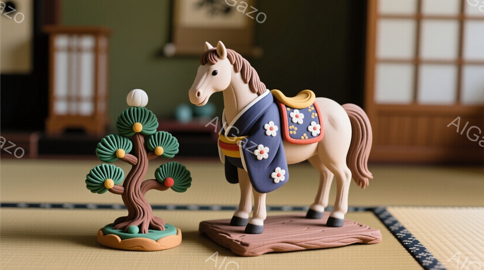 畳の上に、かわいらしい馬の置物と、ミニチュアの松の木が並んでいます。馬は青い文様が入った着物を着ており、姿勢は堂々としています。背景には和室の襖や壁が見え、落ち着いた、伝統的な雰囲気が漂っています。