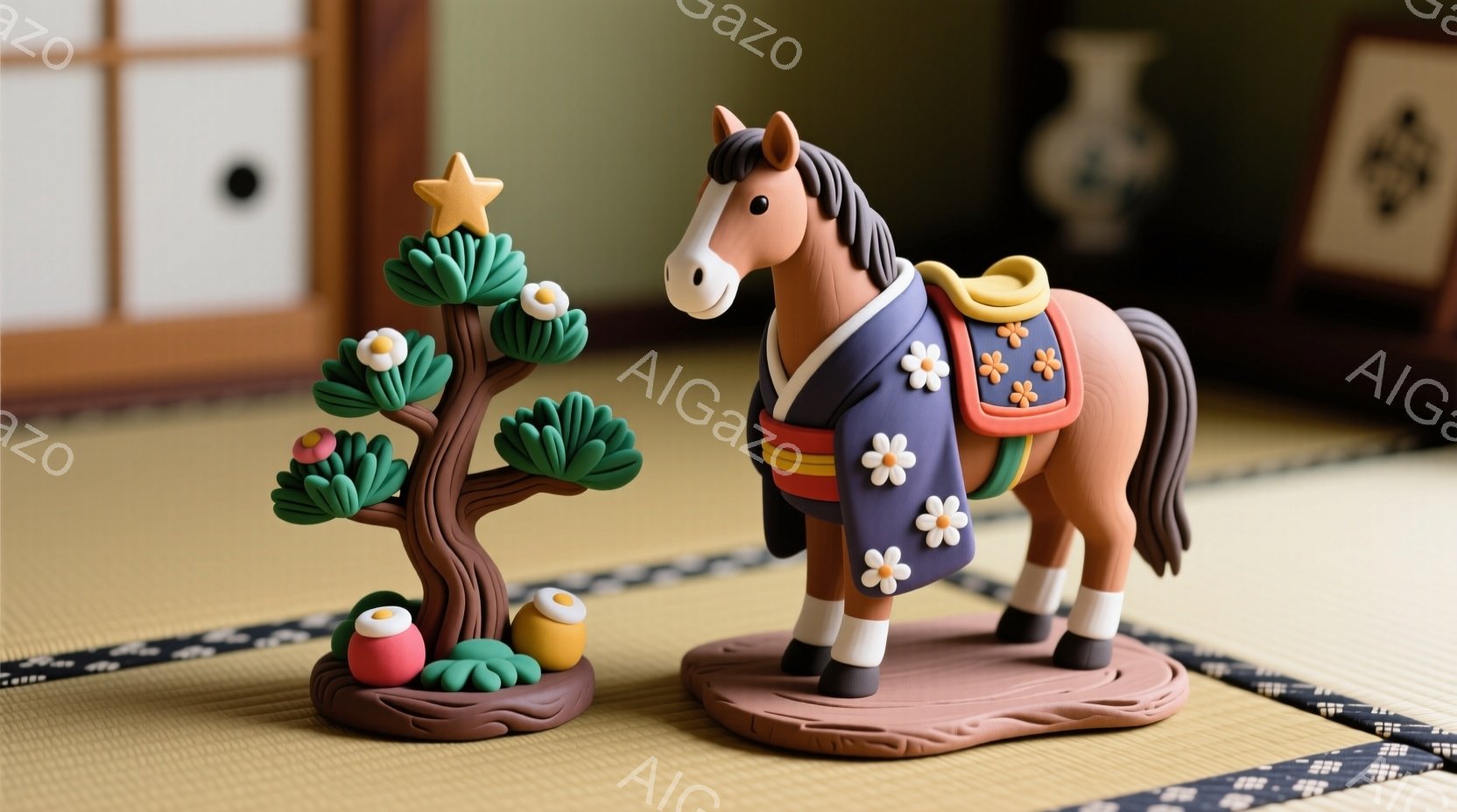 畳の上に、馬の置物と小さな松の木が配置されています。馬は日本の伝統的な衣装を着ており、紫色の着物と白い足元が特徴的です。背景には和風の建物の一部と、かすかに見える壁掛けがあり、全体的に落ち着いた和の雰 - AI生成フリー素材
