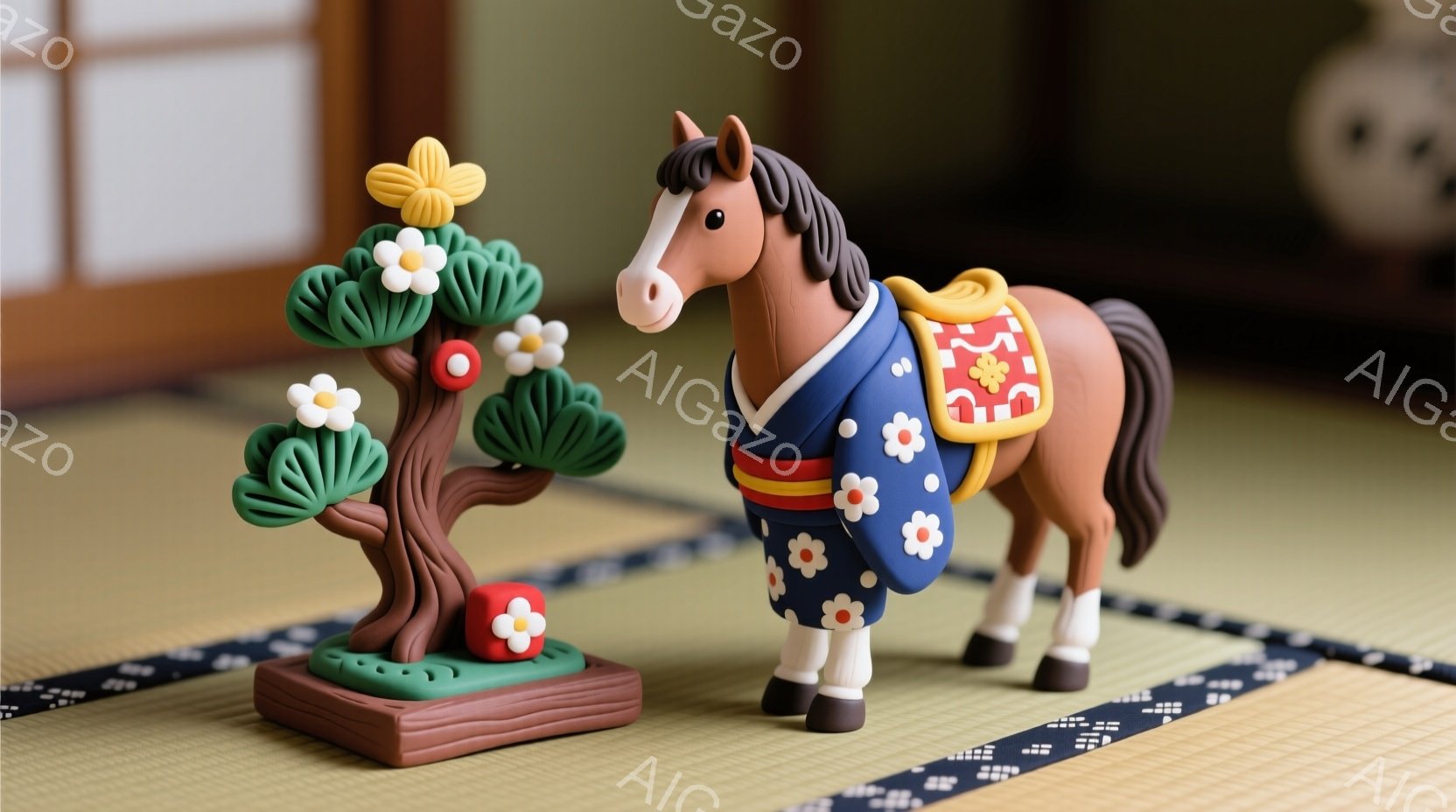 鮮やかなブルー地に白い花柄の着物を着た馬のおもちゃと、赤い実をつけた木のおもちゃが畳の上に並んでいます。馬は堂々と立ち、木は根元が固定されており、背景にはぼやけた畳部屋の一部が見えます。全体的に、温かみのある、日本の伝統的な雰囲気が漂う、お正月飾りのような可愛らしい光景です。