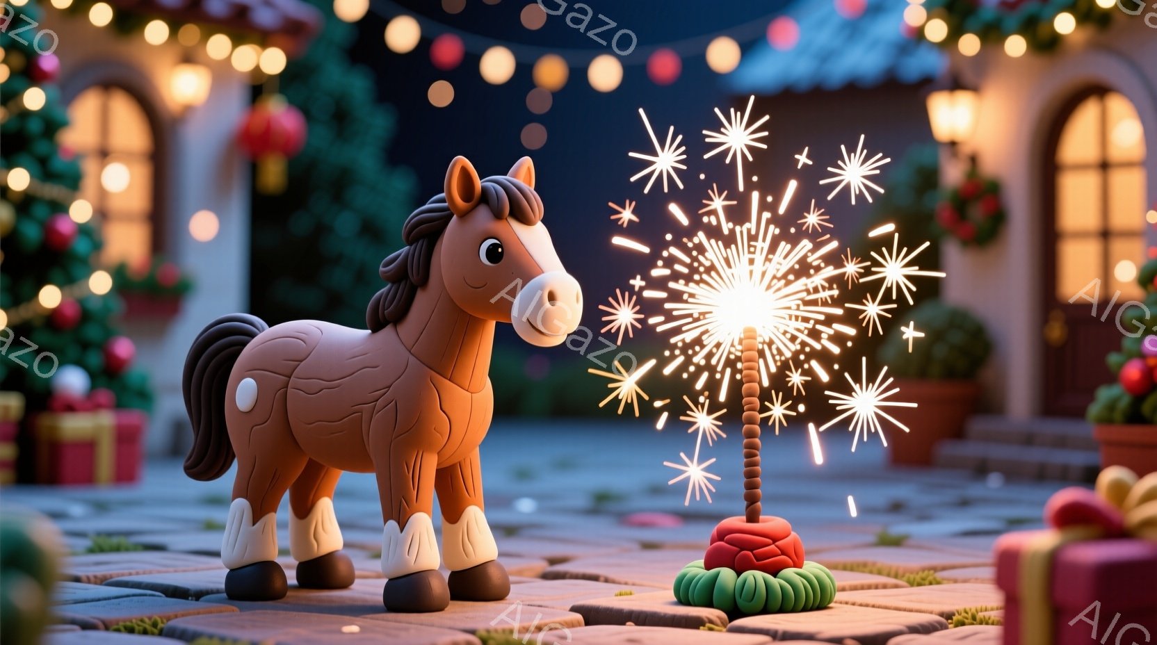 温かみのある夕暮れ時の背景に、かわいらしい茶色の馬が立っています。馬は白く縁取られた足元を持ち、輝く花火が点火された赤い円錐形のろうそくのそばで、穏やかな表情で立っています。背景には、クリスマスツリー - AI生成フリー素材