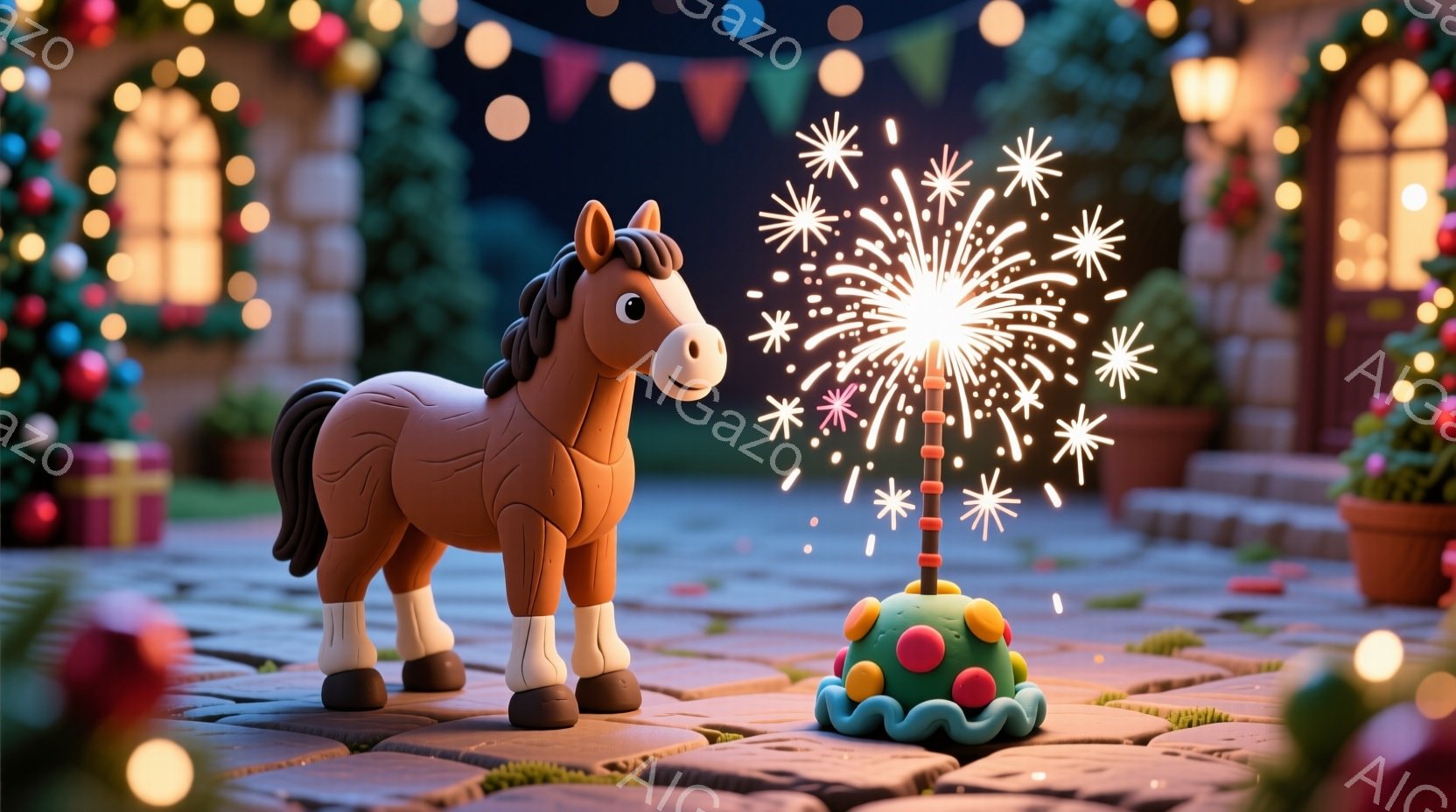 茶色の馬が、緑色のケーキの前に立っており、ケーキからは花火が打ち上げられています。背景には、イルミネーションで飾られた家々と植物が見え、夜のパーティーのような雰囲気が漂っています。暖かく、お祝いムード - AI生成フリー素材