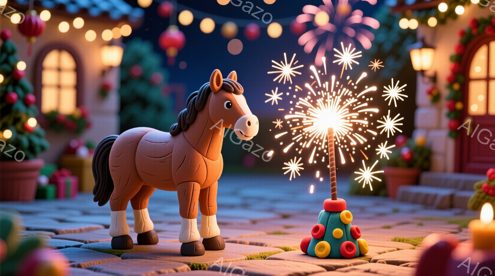 暖かく優しい光に包まれた、クリスマスの夜を思わせる情景です。土製の茶色の馬が、点火された小さなクリスマスツリーの形の花火の前に立っており、驚いた表情でそれを見つめています。背景には、飾られた家々、鉢植 - AI生成フリー素材