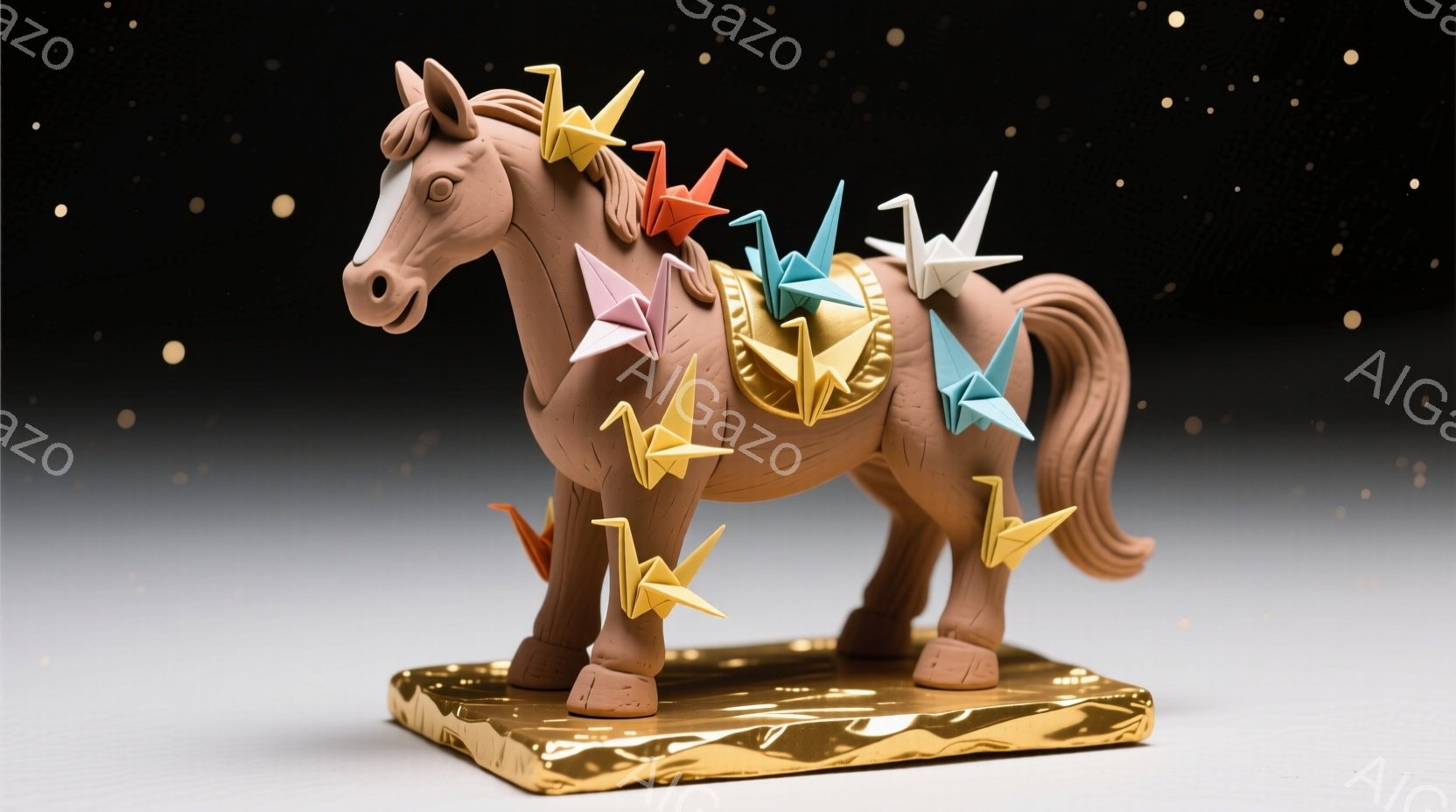 茶色の陶器製の馬が、金色の台の上に立っている。馬の周りには、折り紙で作られた様々な色の鳥が飛び交うように配置されており、まるで祝福の雨のようだ。背景は暗く、馬と折り紙の鮮やかな色彩が際立っている。 - AI生成フリー素材
