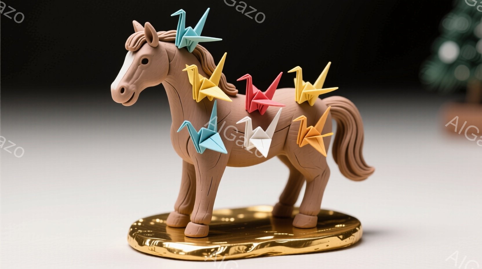 茶色の馬の置物が、金色の台の上に立っている。馬の背中には、様々な色の折り紙の鶴が何羽も飾られており、色彩豊かで遊び心のある雰囲気を醸し出している。背景は暗く、わずかに緑色の何かがぼやけて見え、馬と折り - AI生成フリー素材