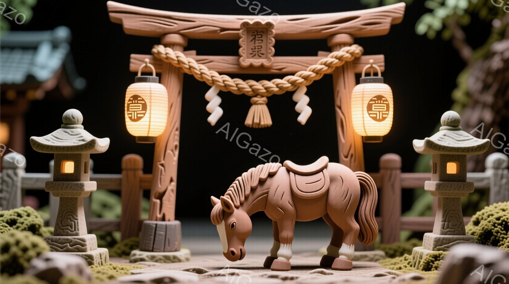 土製の馬が、鳥居と石灯籠が並ぶ道を歩いている様子が描かれています。背景には緑豊かな植生が見え、日本の伝統的な雰囲気を醸し出しています。全体的に暖かく、穏やかな雰囲気で、まるでジオラマのような、繊細で可 - AI生成フリー素材