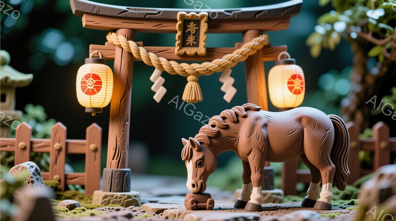 陶器のような茶色の馬が、鳥居の前で草を食べている様子が描かれています。背景には、小さな石灯籠やフェンス、そして緑豊かな自然が広がっており、全体的に穏やかで静謐な雰囲気を醸し出しています。鳥居には「出雲 - AI生成フリー素材