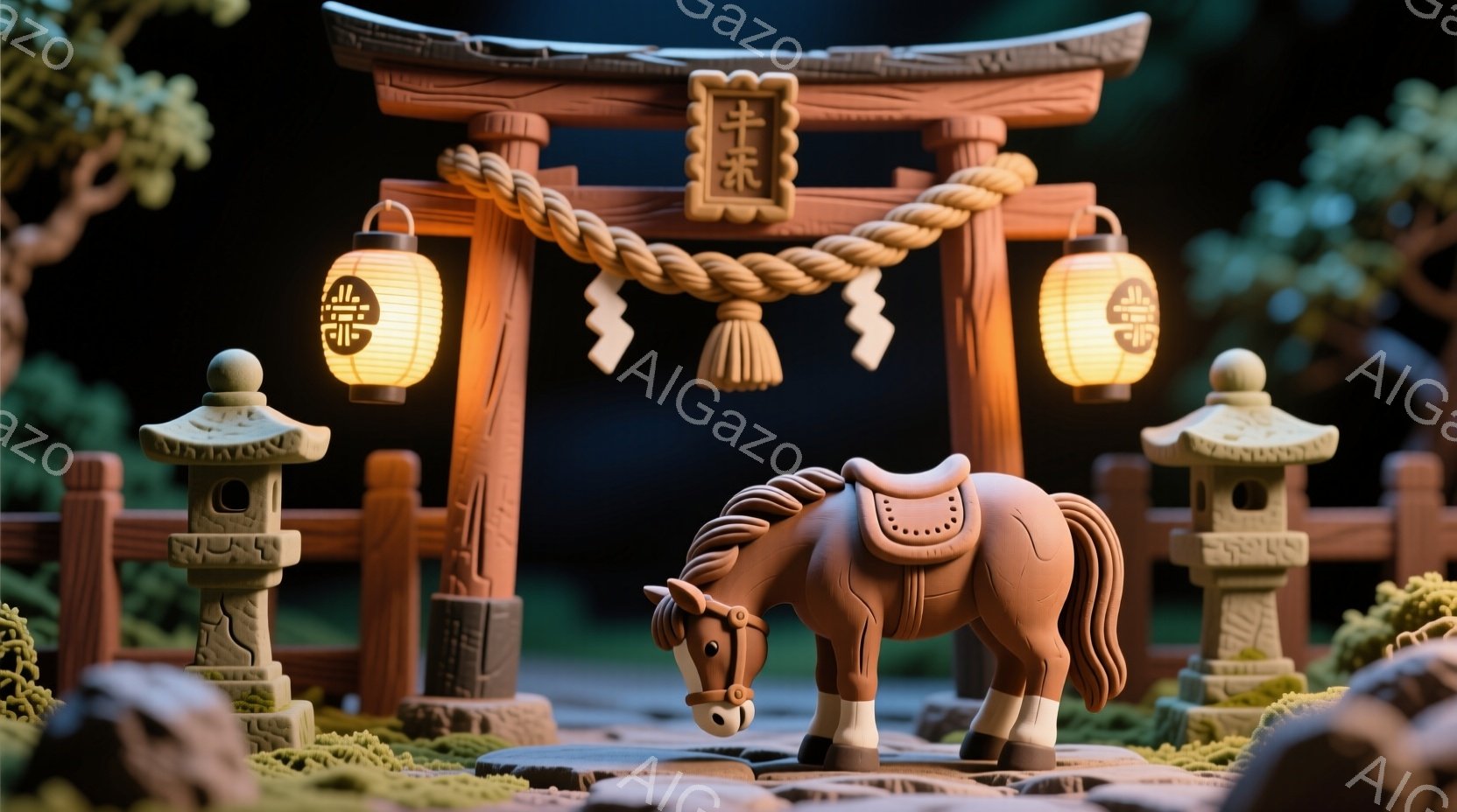 古風な日本の風景が描かれており、土製の馬が石畳の道で草を食べている。背景には提灯と鳥居があり、緑豊かな木々が馬と鳥居を取り囲んでいる。全体的に穏やかで静謐な、牧歌的な雰囲気が漂っている。