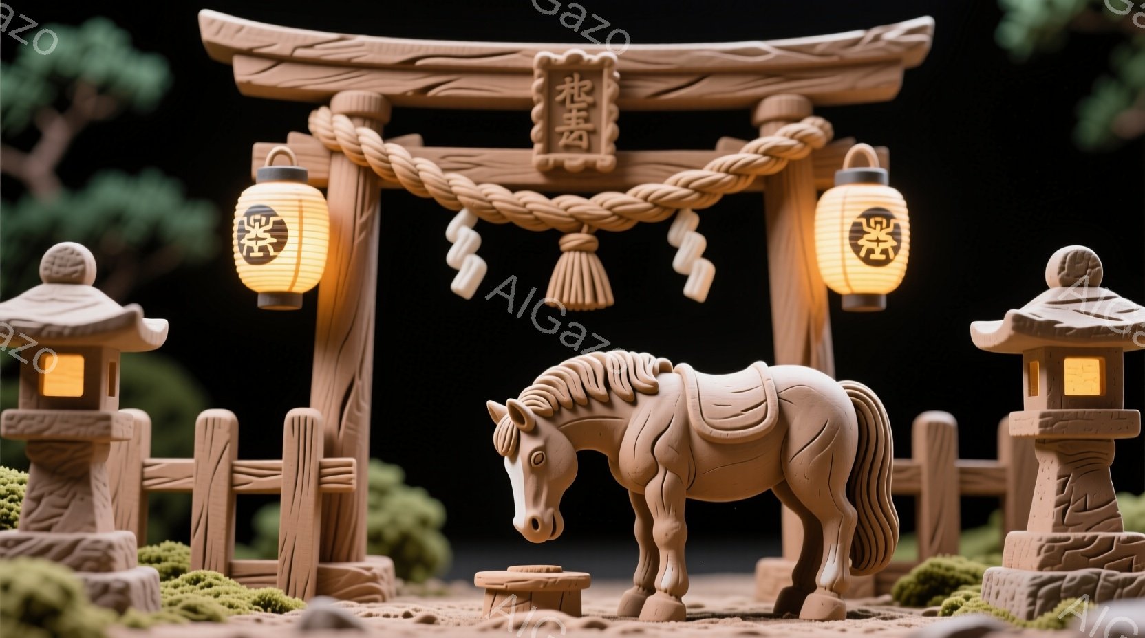 土と木でできたミニチュアの風景の中に、鳥居と石灯籠、そして馬の彫刻が配置されています。馬は横向きに立っており、その姿勢は静かで穏やかです。背景には緑豊かな木々が見え、全体的に落ち着いた、日本の伝統的な - AI生成フリー素材