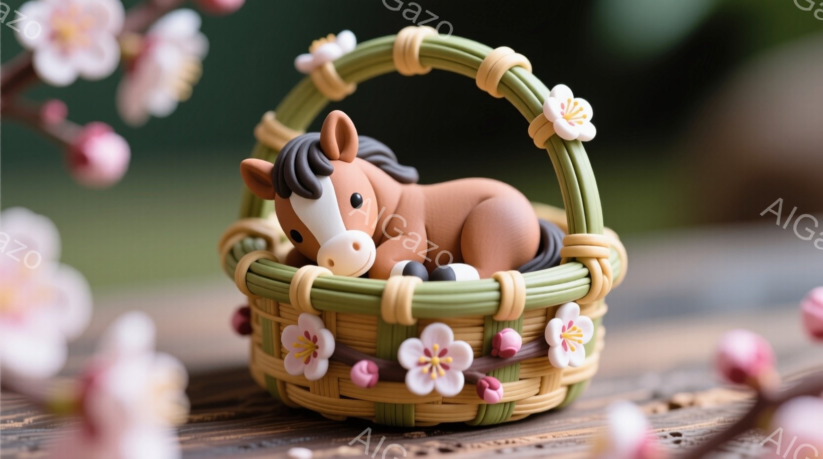 小さな茶色の馬が緑色の編み込みバスケットの中に丸まって眠っています。バスケットはピンク色の桜の花で飾られており、木製のテーブルの上に置かれています。背景にはぼやけた桜の花が咲き乱れ、暖かく優しい雰囲気 - AI生成フリー素材
