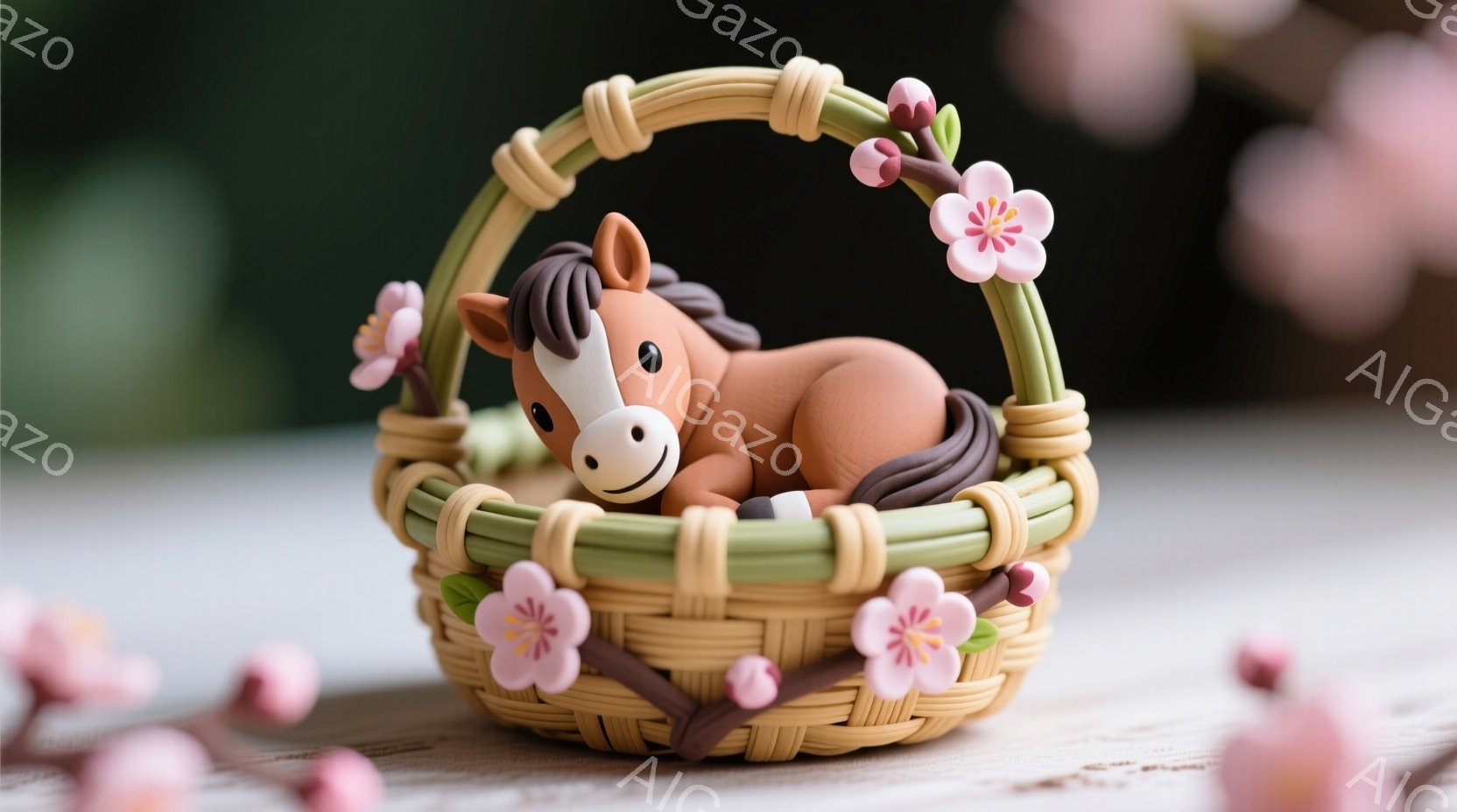 淡い木製のテーブルの上に、可愛らしい茶色の馬の置物が籐の籠に入って横たわっています。馬は穏やかな表情で、緑色の葉とピンクの花が籠の周りを飾り、春の暖かく優しい雰囲気を醸し出しています。背景にはぼやけた桜の花が咲き乱れ、全体的に柔らかな色彩と可愛らしいデザインが印象的です。