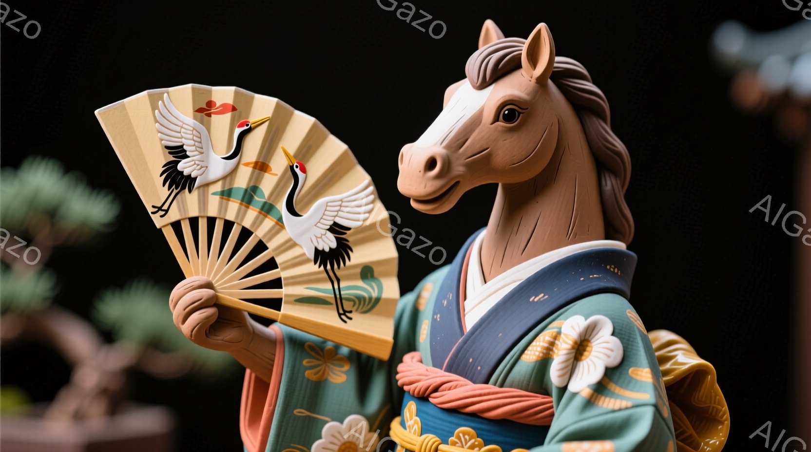 濃い緑色の着物を着た馬が描かれており、着物には大きな黄色い花が散りばめられています。馬は片手に扇子を持ち、扇子には鶴が描かれています。背景にはぼやけた盆栽があり、全体的に落ち着いた雰囲気で、日本の伝統的な美しさを表現しています。