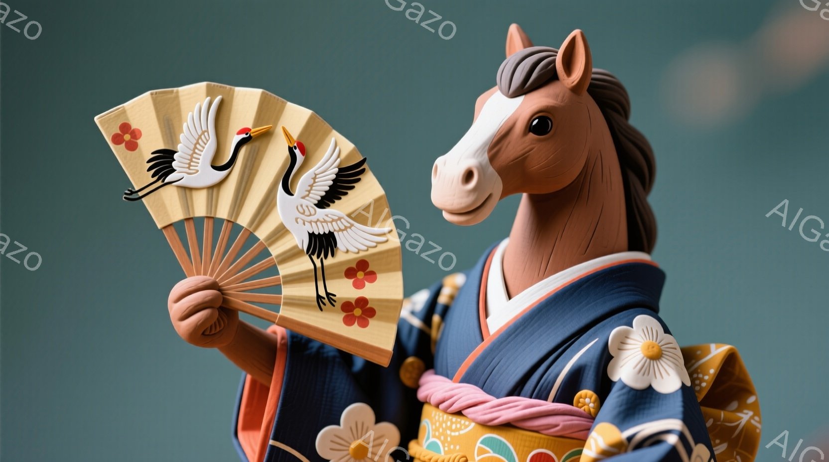 深い青色の着物を着た馬が描かれています。着物には、ピンクの帯と黄色の花柄がアクセントとして施され、片手に扇子を持っています。背景は薄い緑色で、全体的に優雅で落ち着いた雰囲気です。 - AI生成フリー素材