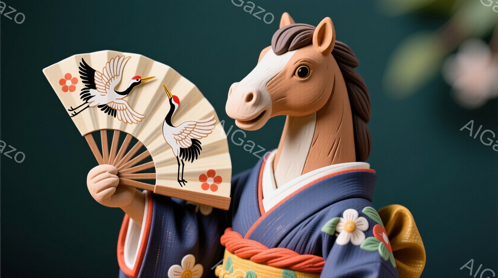 深い青色の着物を身につけた馬が描かれています。着物には、オレンジと金色の帯締めと、白い花柄の模様が施されています。馬は扇子を持っており、扇子には鶴と赤い花が描かれ、優雅で洗練された雰囲気を醸し出してい - AI生成フリー素材