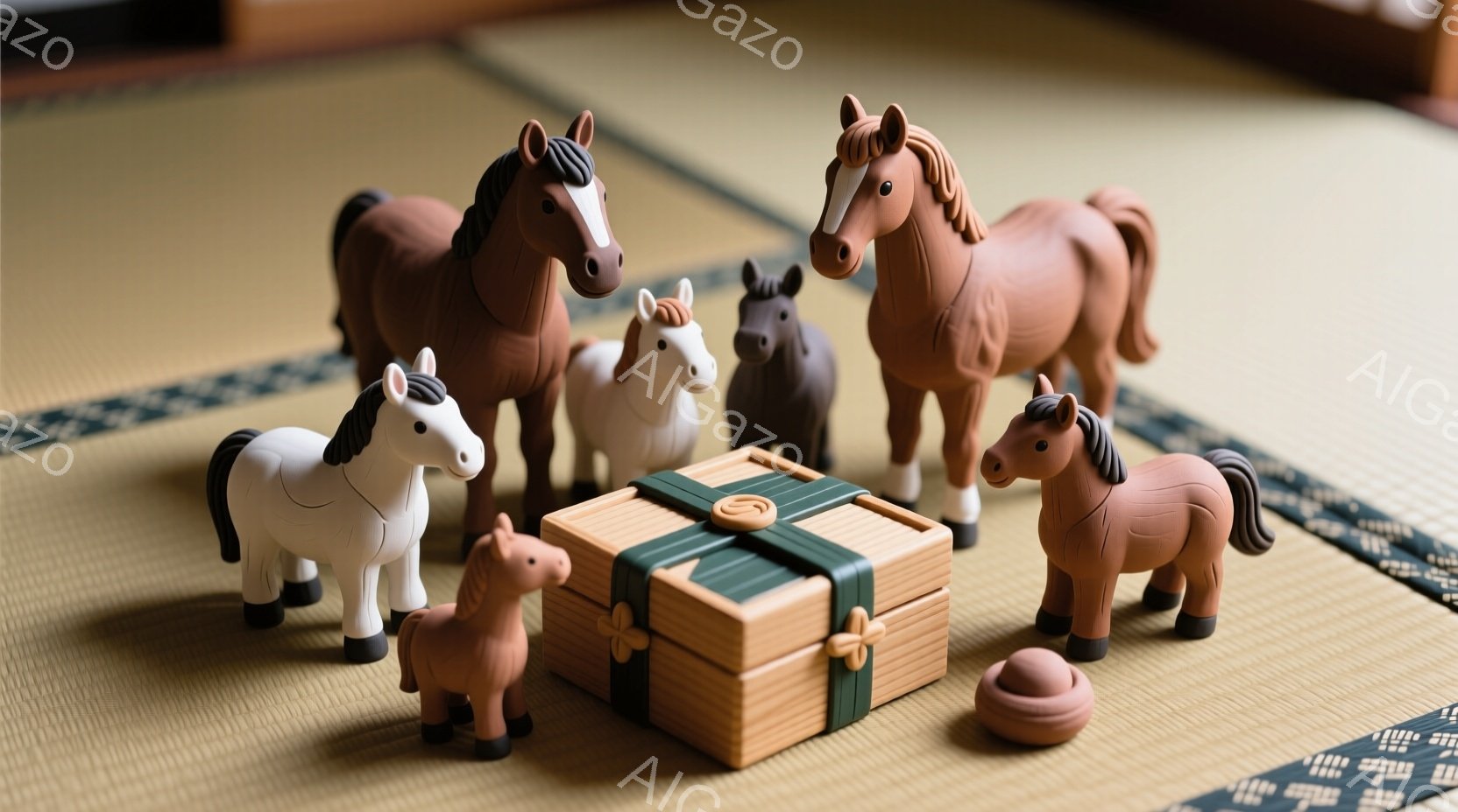 畳の上に、さまざまな色の馬の置物が集まっている。中央には、緑色のリボンで飾られた木製の箱と、馬の糞に見える小さな茶色の置物が置かれている。全体的に暖かく、親しみやすい雰囲気が漂っている。 - AI生成フリー素材