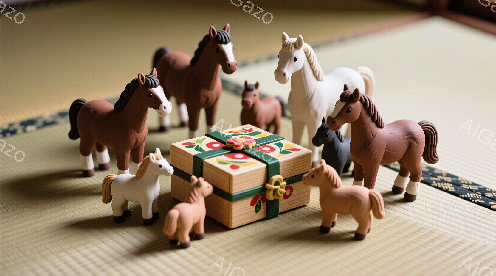 畳の上に、様々な色の馬の置物たちが、赤いリボンと緑の葉で飾られた木製の箱の周りに集まっている。馬たちはそれぞれ異なる色合いで、茶色、白、薄茶色などがあり、静止した状態で箱を見つめているように見える。背景は畳の落ち着いた色合いで、全体的に穏やかで温かい雰囲気である。
