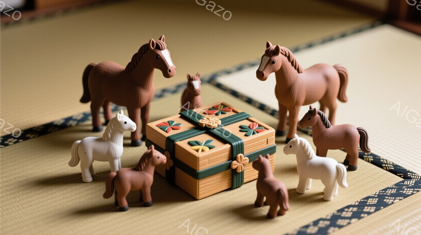 畳の上に、木製の箱が置かれ、その周りを数頭の馬の置物が囲んでいます。馬は茶色と白の2色で、様々な大きさのものがおり、箱を見つめているようです。背景は畳の模様で、全体的に落ち着いた、温かい雰囲気を醸し出しています。