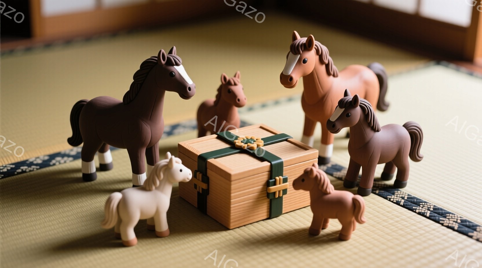 畳の上に、馬の置物たちが木箱の周りを囲んでいます。様々な色の馬（茶色、白、栗色）がいて、それぞれ少しずつ異なるポーズで立っています。木箱は緑色のリボンで飾られており、お祝いや贈り物を連想させる雰囲気が - AI生成フリー素材